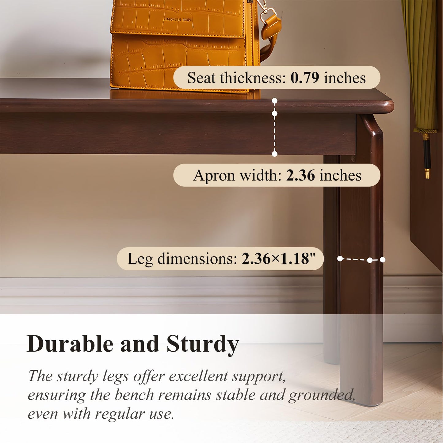 Cttasty Dining Bench, Solid Wood Bench with Wide Seat, Mid Century Modern Bench, End of The Bed Bench, 47.2" L x 11" W x 16.5" H(Walnut)