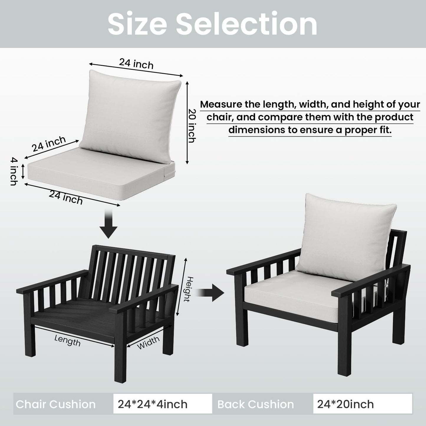 THMINS Grey Outdoor Patio Cushion Set of 4, 24x24 Inch Deep Seat and Back Cushions, Waterproof & Fade-Resistant, Removable Covers.