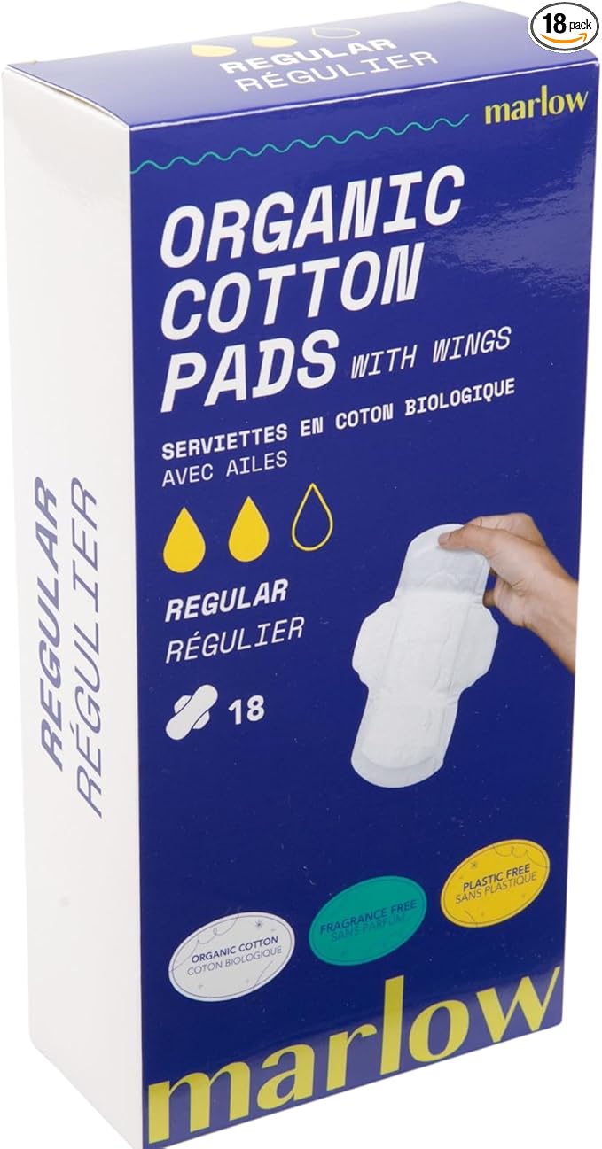 Marlow 100% Organic Cotton Pads - Free from plastic, fragrance, dyes, chlorine-bleaching, Ultra Soft, Leak Proof, Super Absorbent with extra sticky wings, Regular (Day Time), White