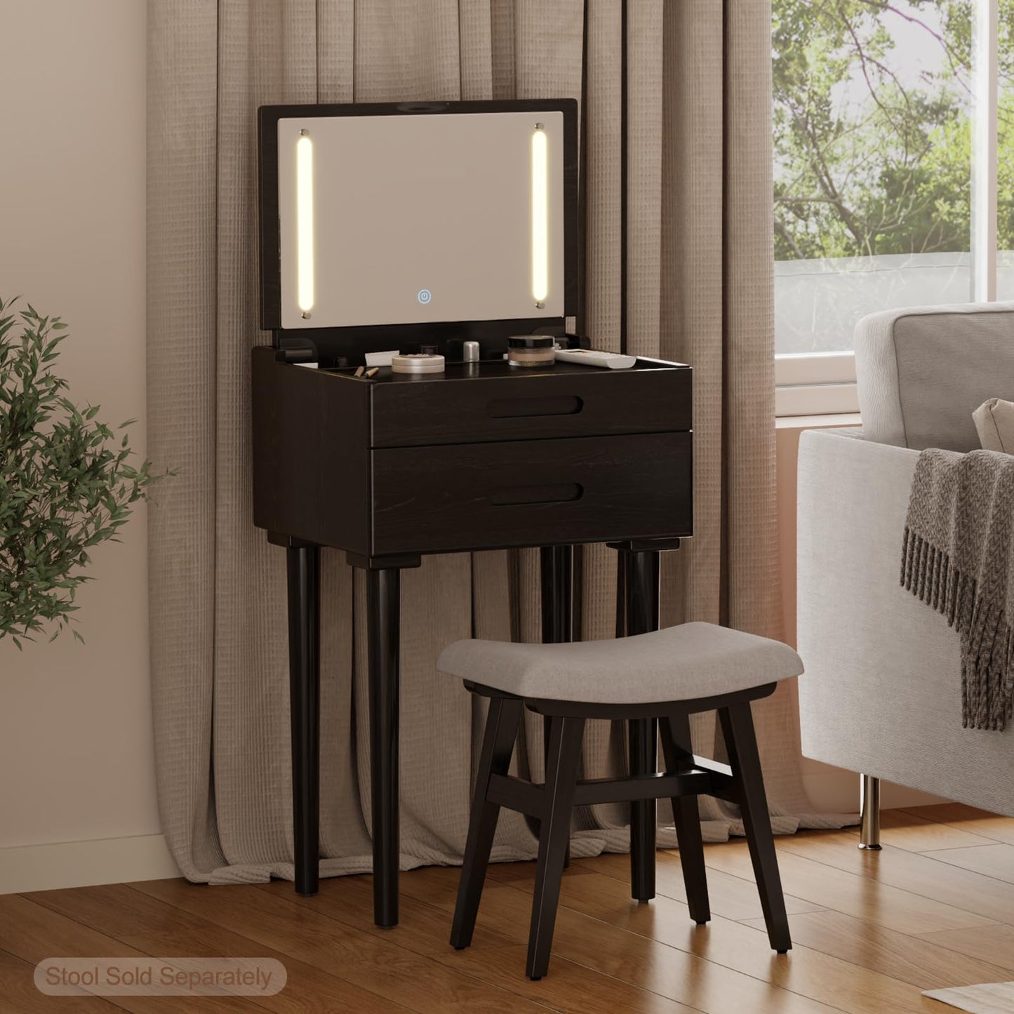 Muwuele Solid Wood Small Vanity Desk with Flip Top Mirror, Brightness Adjustable Lights, Compact Vanity with Glass Top and Drawers, Slim Dressing Table for Small Space, Bedroom, Living Room, Black