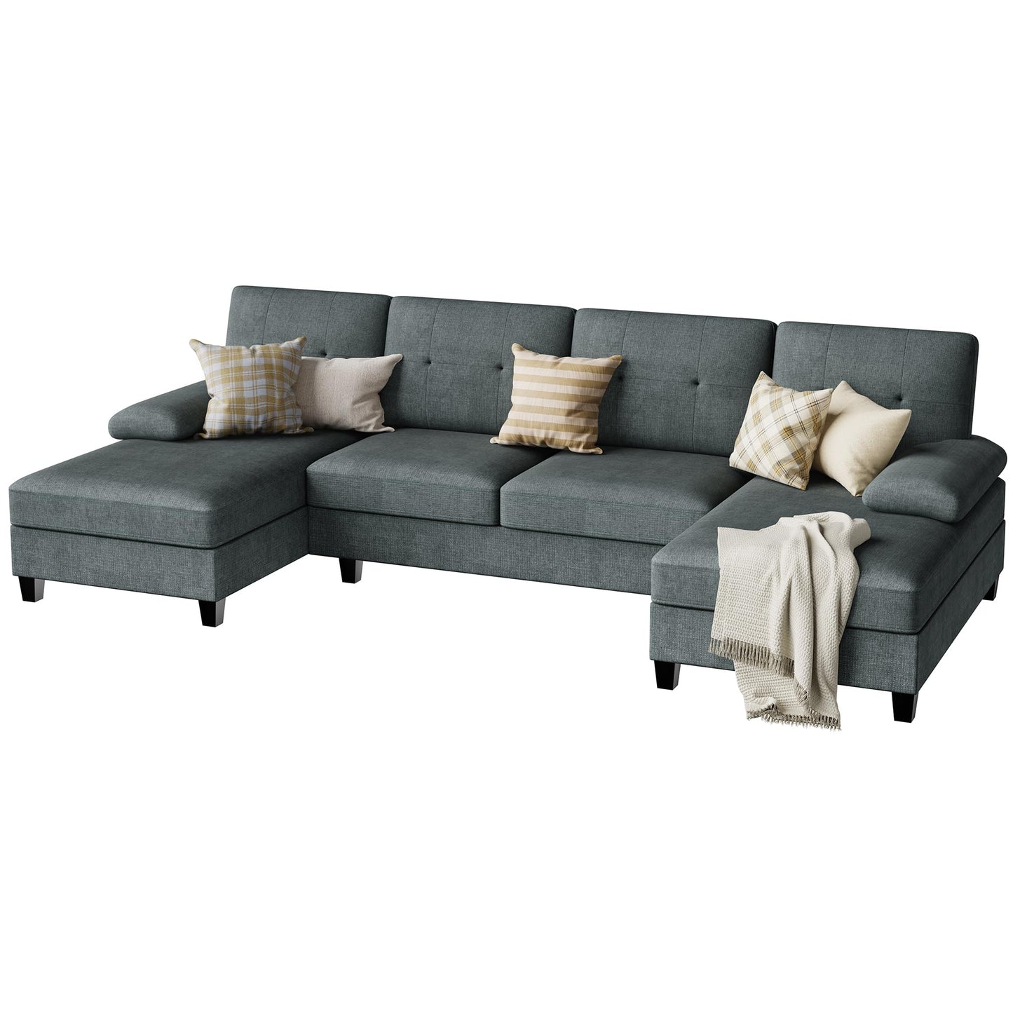 Nutually U Shaped Sectional Couches for Living Room, 4-Seat Sofa Set with Double Chaise, Modular Sectional Sofa Couch for Apartment, Reception Room（Dark Gray）