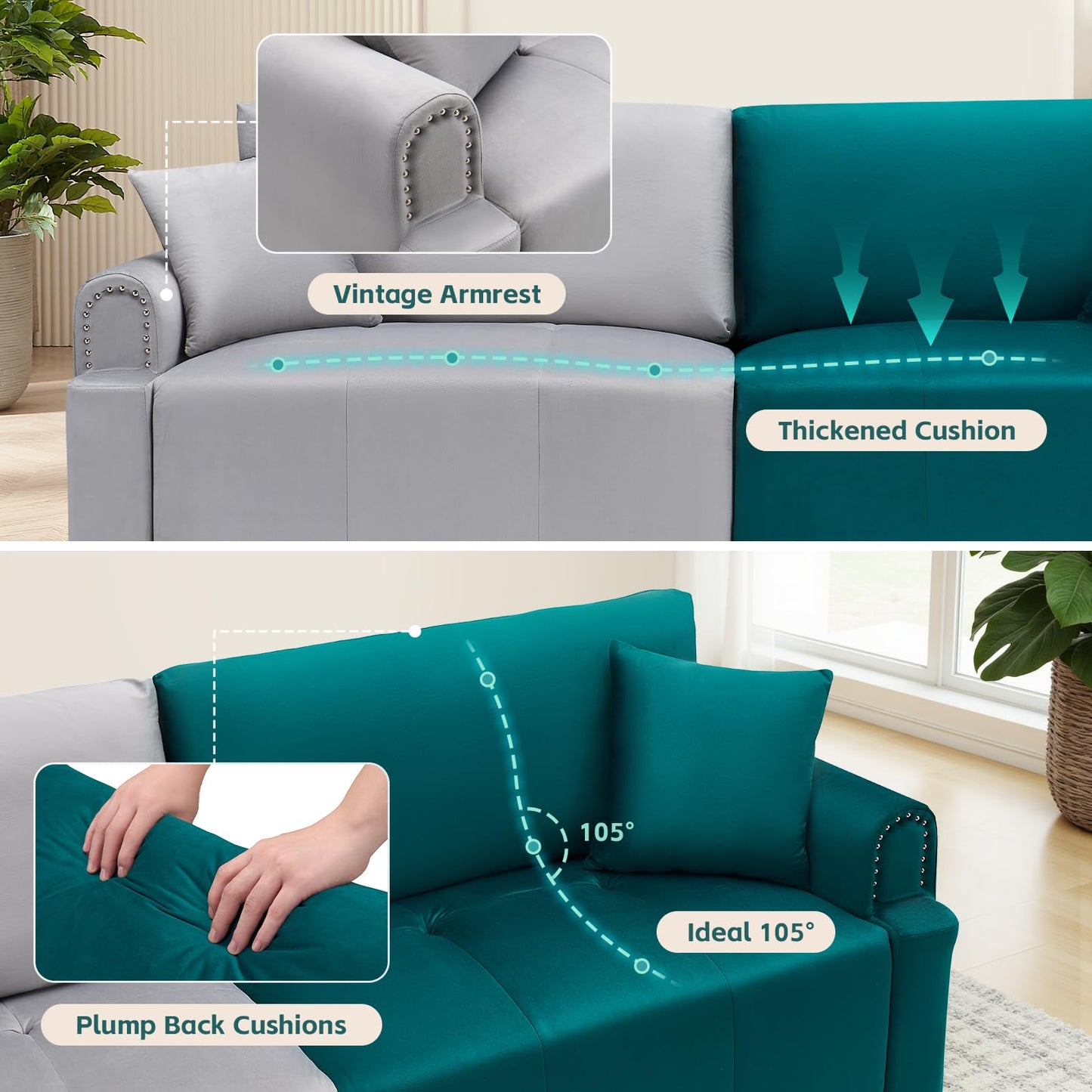 PLANNTONNEO 87" Sectional Sofa Modular Deep Seat Sofa Couch, Futon Sofa Bed,Modern Velvet Sofa Sleeper with USB Ports Comfy Upholstered 3 Seater Couches for Living Room Apartment Bedroom, Green+Gray