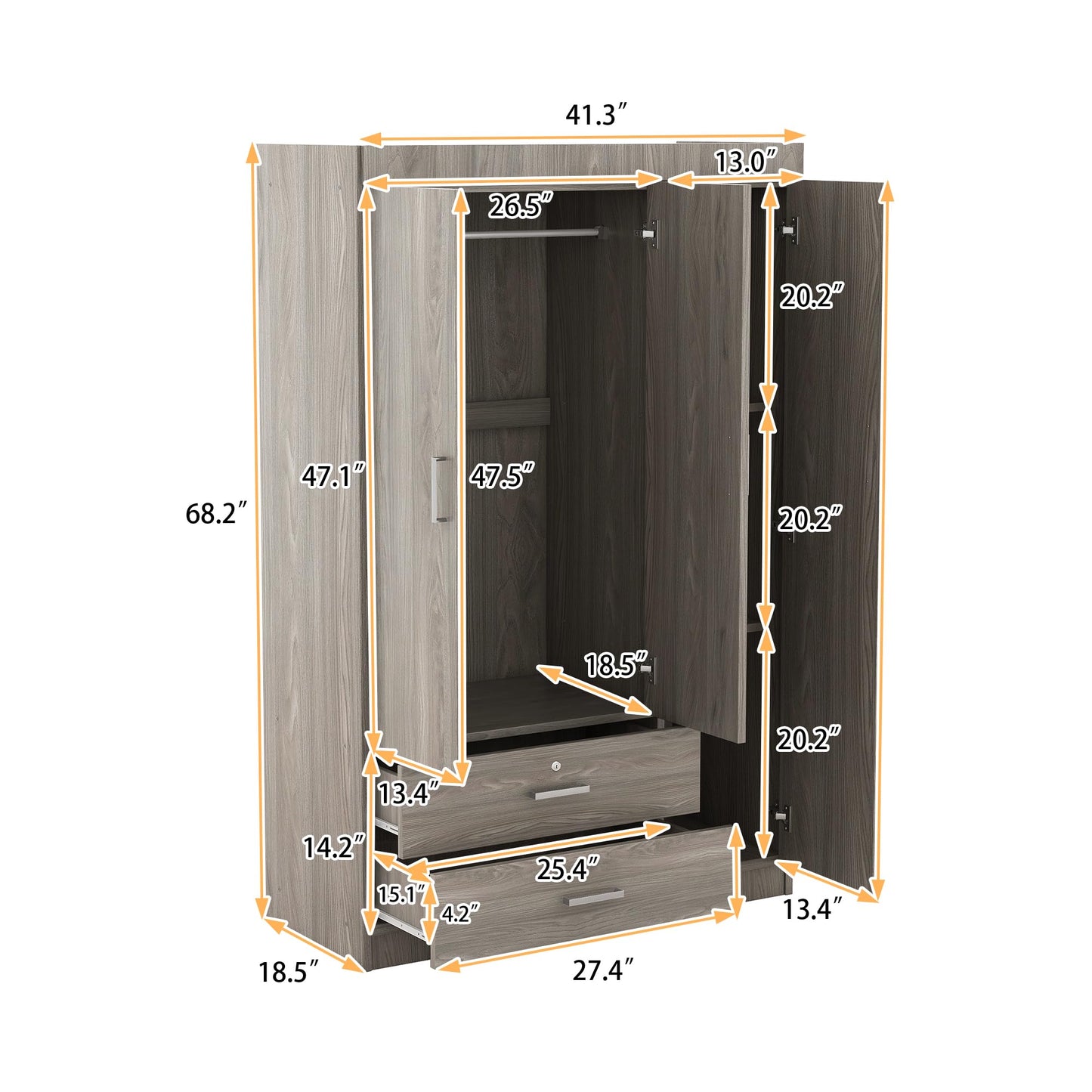 LZ LEISURE ZONE 3 Doors Wardrobe Armoire Closet, Large Freestanding Armoire Wardrobe Cabinet with 2 Drawers, Bedroom Wardrobe Clothes Storage Cabinet Organizer, Wood Grain Effect in Gray, LP006001