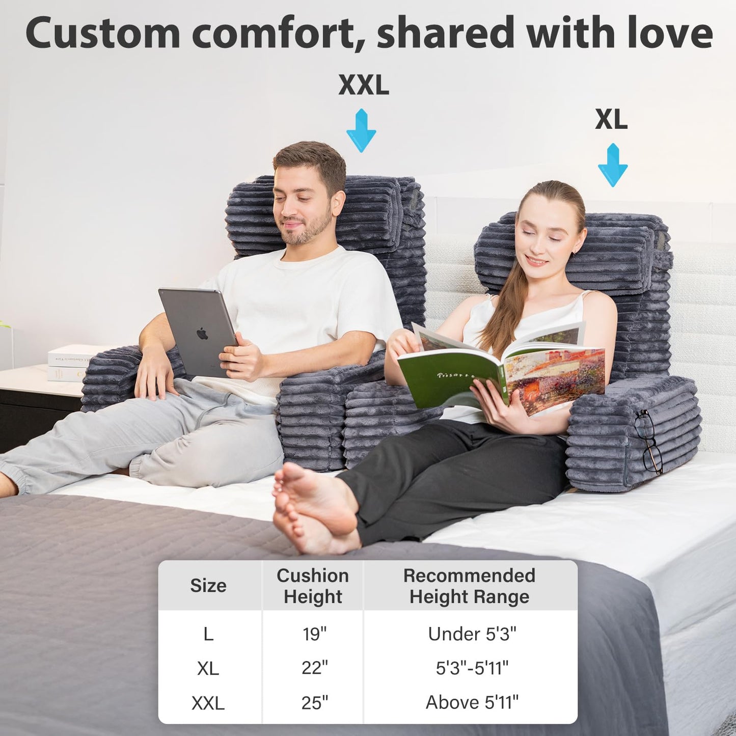 ENITYA Reading Pillow for Sitting in Bed Adult, XL Back Pillow for Bed Sitting up, Back Support Chair Pillow for Sitting up/Watching TV/Reading/Gaming/Resting/Post Surgery,Dark Grey