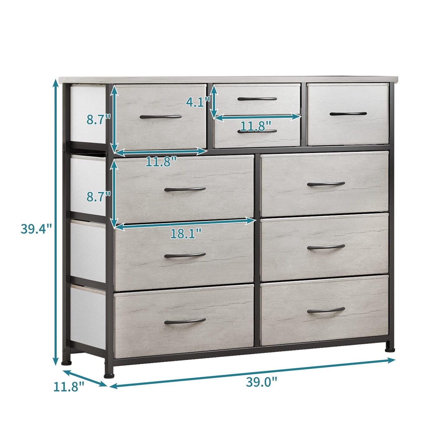 LUMTOK 10-Drawer Dresser, Fabric Storage Dresser Drawers for Bedroom, Hallway, Nursery, Closets, Steel Frame, Wood Top, Easy Pull Handle (Greige)