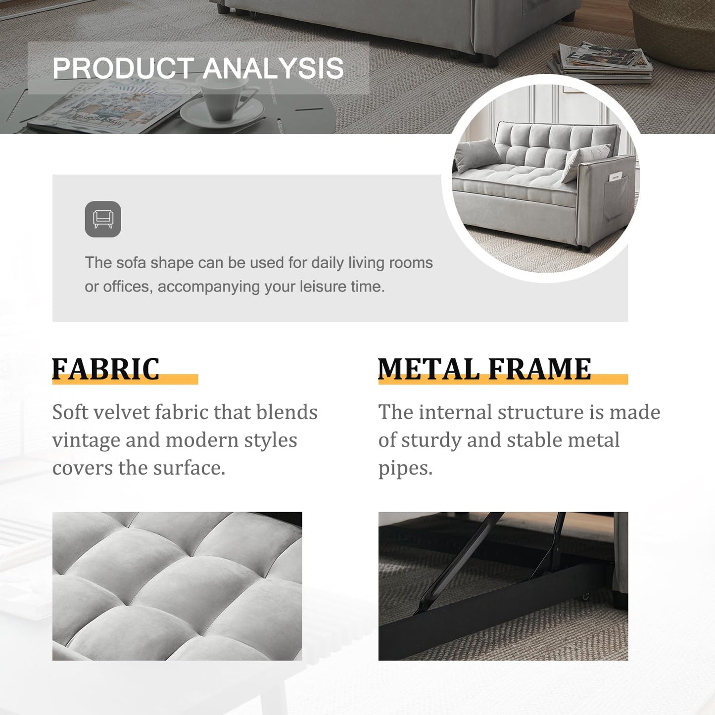 FENFSHE Futon Sofa Bed,Modern 3 in 1 Convertible Sleeper Sofa, Pull Out Couch Bed with Adjustable Backrest, Storage Pockets and Toss Pillows for Living Room, Bedroom (Grey)