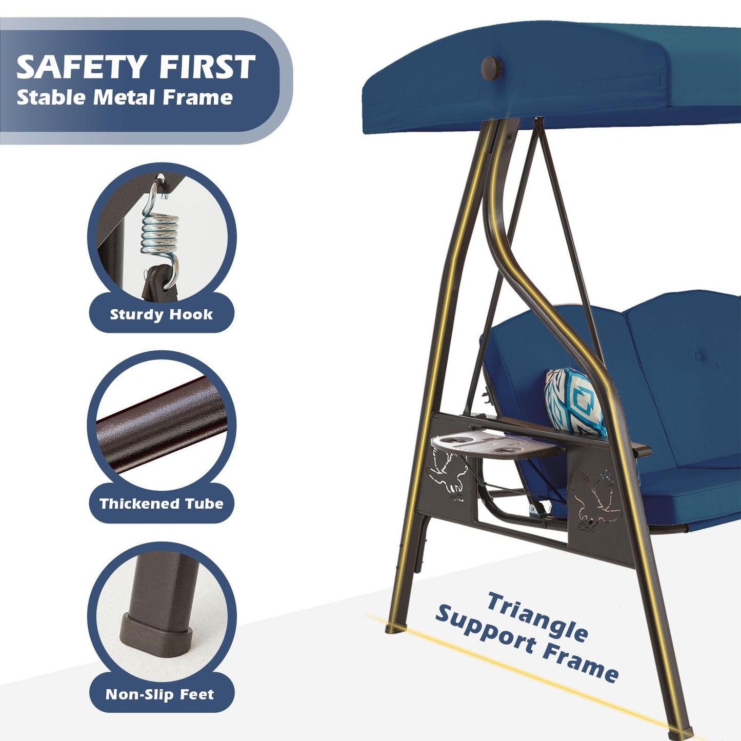 ZZW 3-Seat Outdoor Porch Swing with Stand, Patio Swing with Canopy, 2 in 1 Porch Swing Bed & Patio Swing Chair for Adult w/Extra Pillows and Cup Holder for Yard (Blue)
