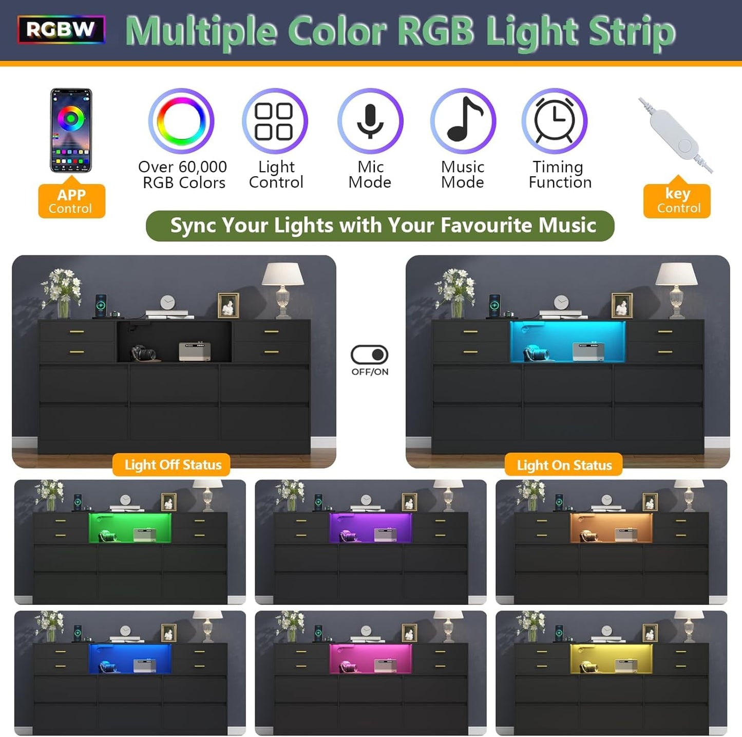 Loomie 10 Drawer Black Dresser with Charging Station & Led Lights for Bedroom, Long 58" Triple Wide Dresser TV Stand for TVs up to 65", Wide Chest of Drawer, Large Dressers Organizer with Open Cubby