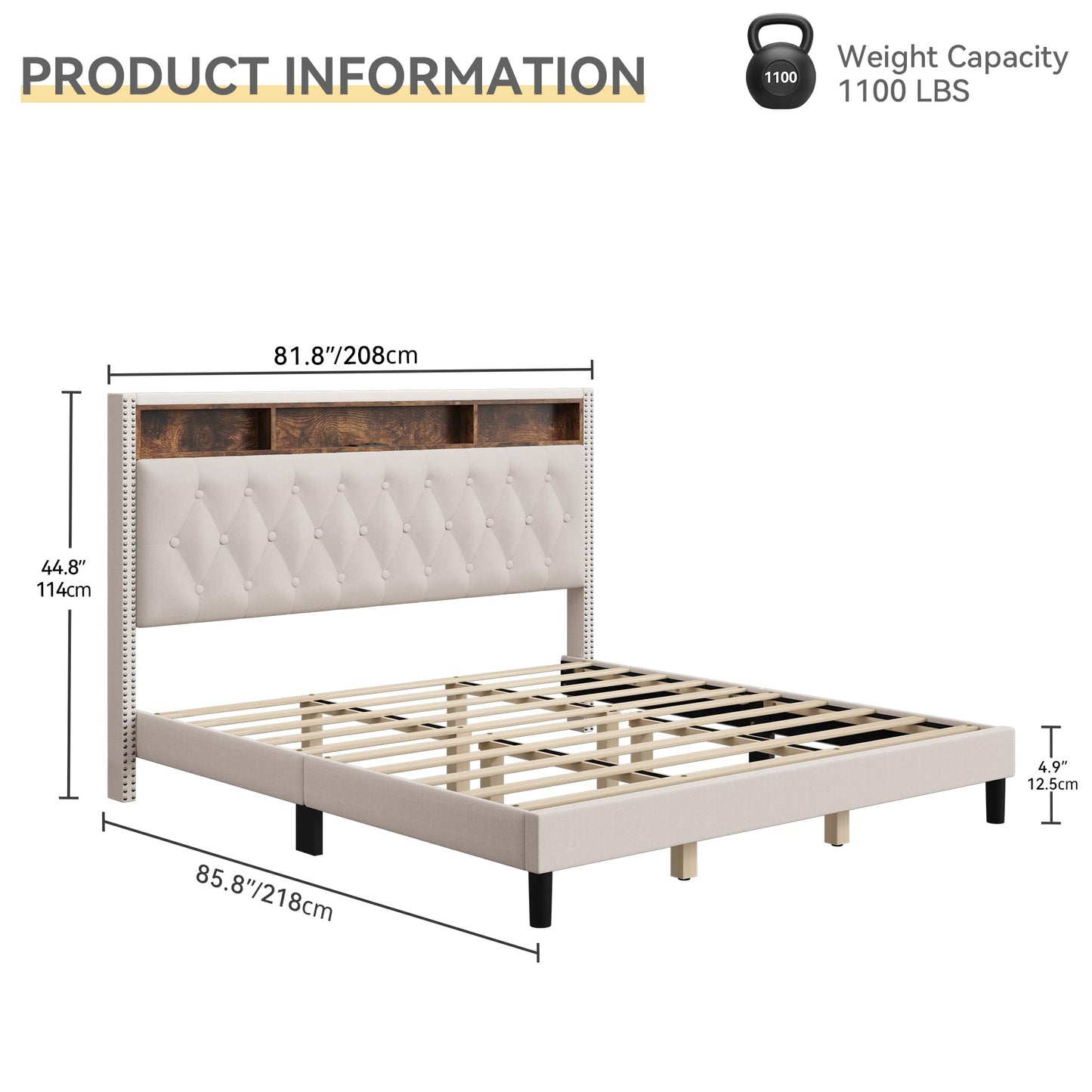 DWVO King Bed Frame with Upholstered Headboard, Platform Bed Frame with LED Lights & Charging Station, No Box Spring Needed, Beige