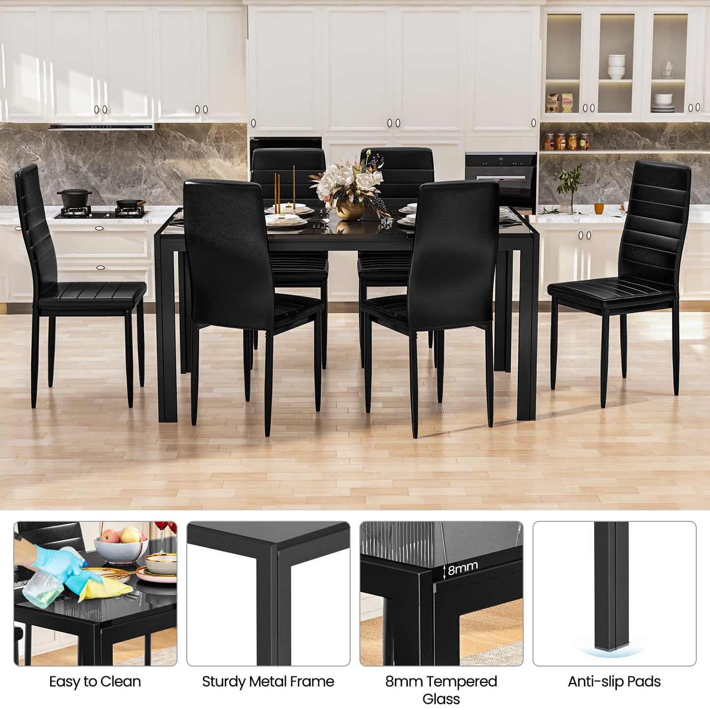DKLGG 7-Piece Dining Table Set for 6, Tempered Glass Kitchen Table with PU Leather Chairs, Modern Dining Room Table Set for Small Space, Dinette, Apartment, Black