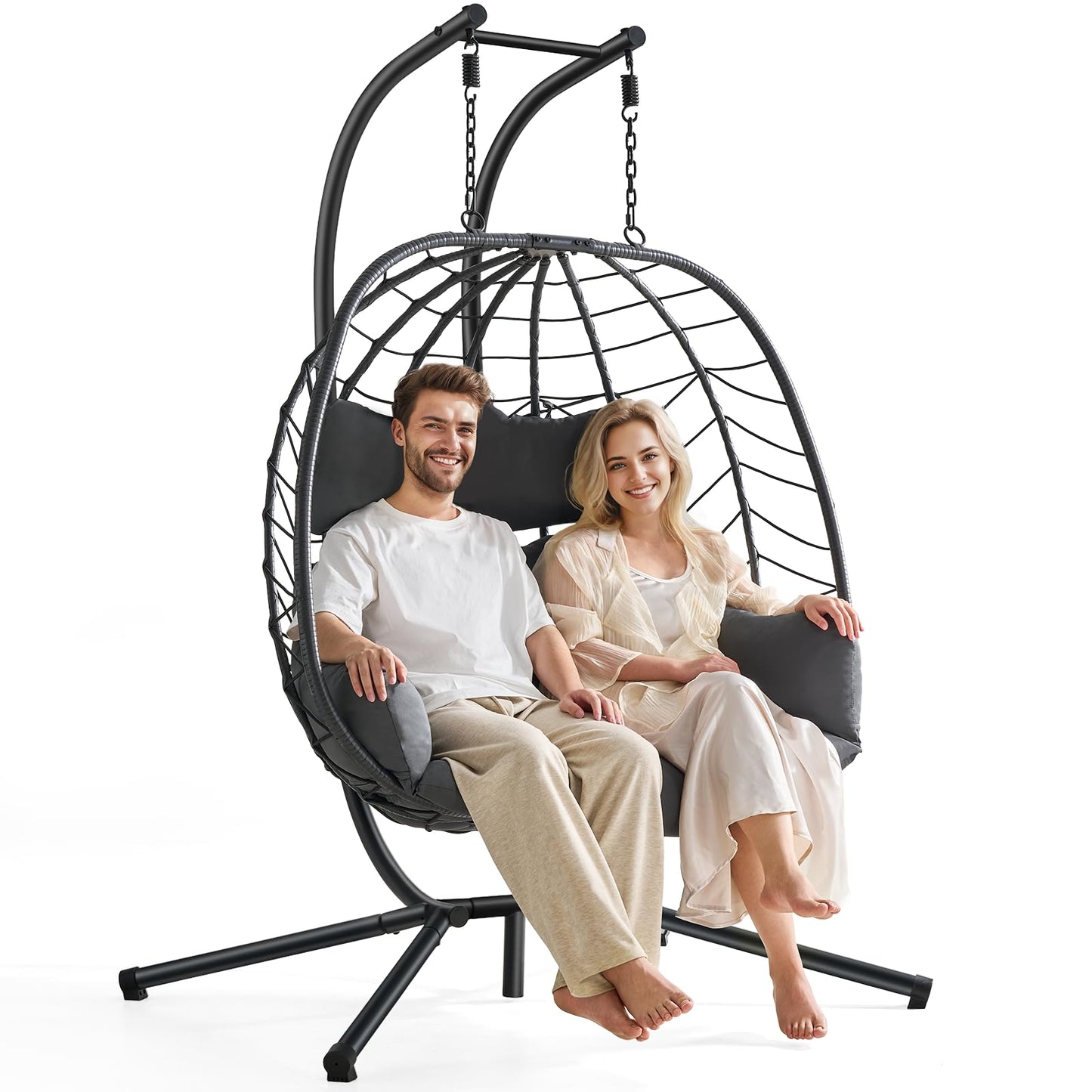 ONBRILL Double Egg Chair with Stand, Indoor Outdoor 2 Person Hammock Swing Chair with Cushions & Headrest, 650LBS Capacity Hanging Loveseat for Patio, Bedroom, Garden, Balcony (Black-Dark Gray)