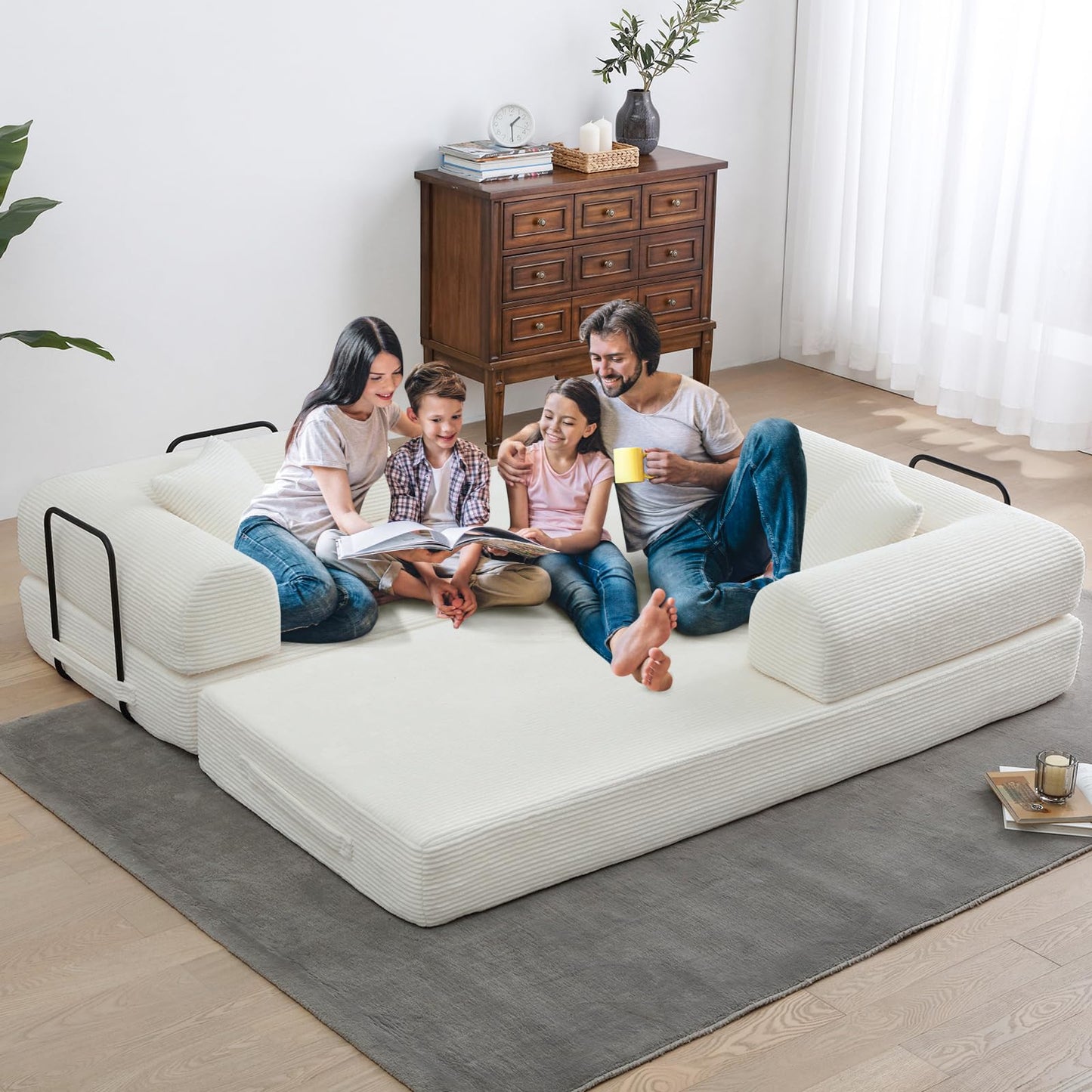 JEEOHEY Convertible Folding Sofa Bed, Corduroy Sleeper Mattress Couch with Fixed-Shape Frame, Free Combination Loveseat Lounge Floor Sofa, Queen Size Memory Foam Couch for Living Room, Bedroom, White