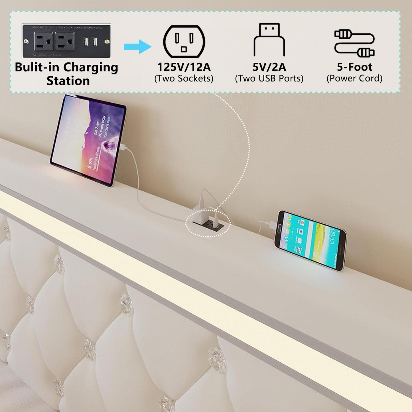 Forrise Bed Frame Full Size with LED Light and Storage Drawers, Adjustable Headboard with PU Leather Upholstered, 2 Sockets and 2 USB Ports, No Box Spring Needed,Wooden Slats Support, White.