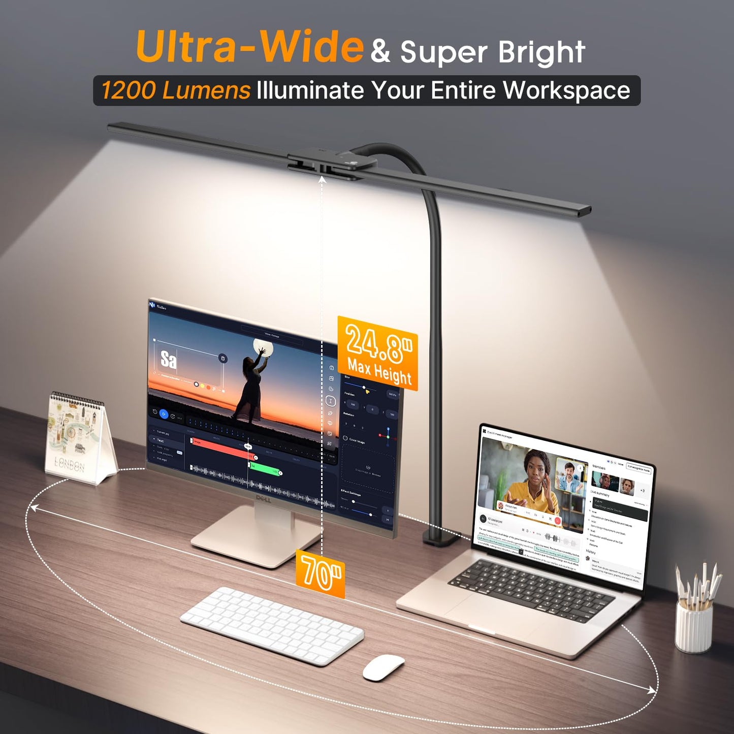 Syrinx LED Desk Lamp for Home Office – Eye-Caring Dual Head Desk Light with Flexible Gooseneck, Clamp, Gesture/Wired Control, 50 Lighting Modes with Memory/Timer for Study, Crafting