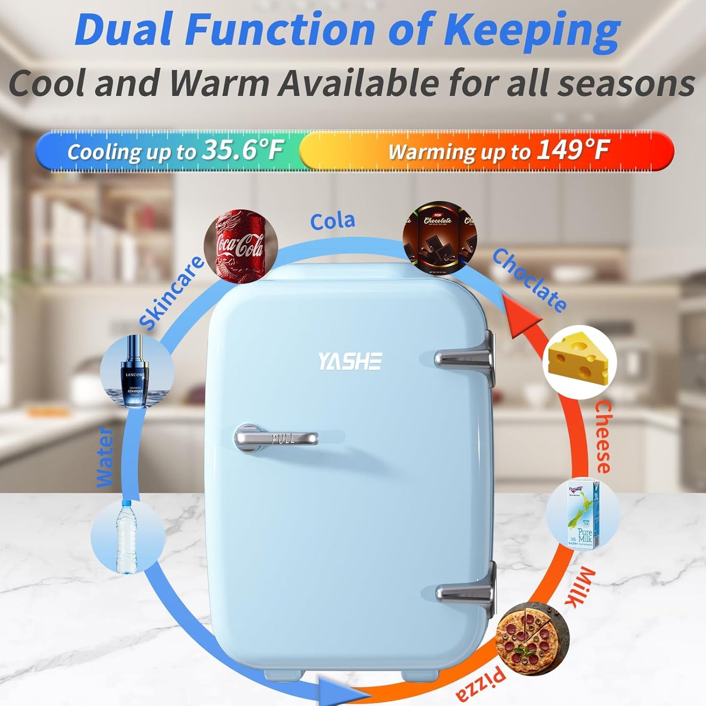 YASHE Mini Fridge, 4 Liter/ 6 Cans Small Refrigerator for Bedroom, 110V AC/ 12V DC Thermoelectric Cooler and Warmer for Drink Office Dorm Car, Blue