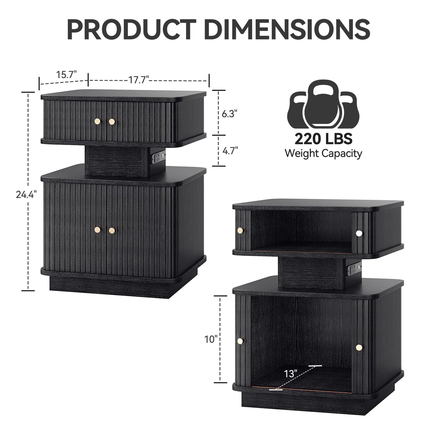 Night Stand, LED Nightstand, Bedroom Night Stand with Charging Station, 2 Drawer Nightstand, Modern Nightstands with Curvy Edge and Sliding Door, Small Bedside Table for Bedroom, Black
