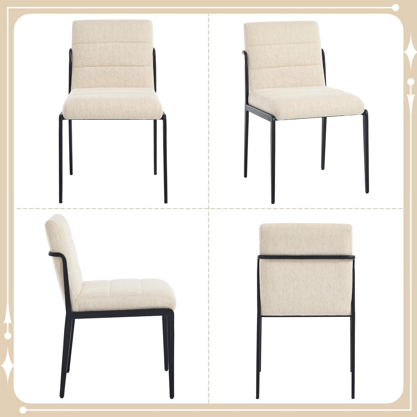 Flouki Modern Dining Chairs Set of 4, Upholstered Linen Kitchen Chairs with Wide Seating, Mid Century Dining Room Chairs with Thick Foam Padded on Backs, Sturdy Metal Legs, Beige