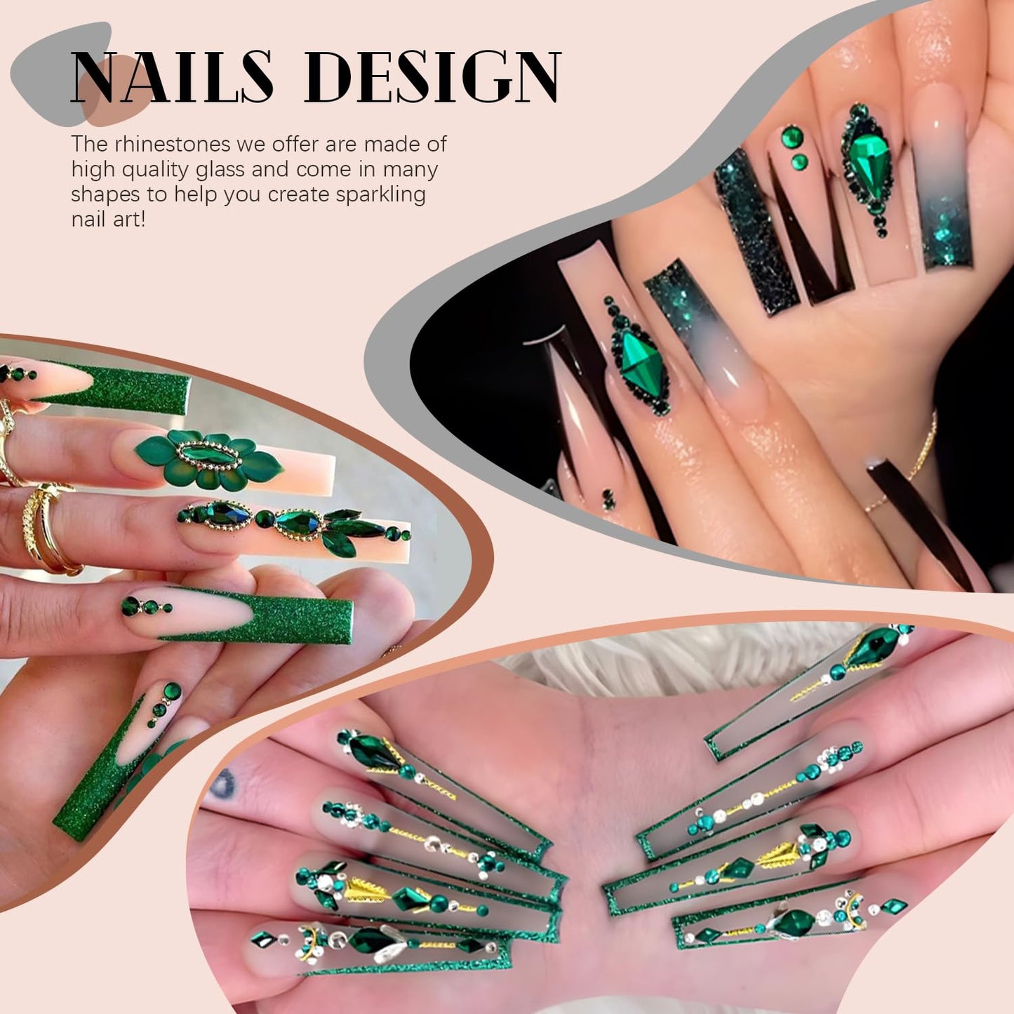 3220Pcs Emerald Green Glass Nail Rhinestones 120Pcs Multi Shapes Flatback Gems Crystal + 3100Pcs 1.5-4mm Round Beads, Manicure Diomand Jewelry Gemstone for Nail Design Makeup Acrylic Nails Decoration