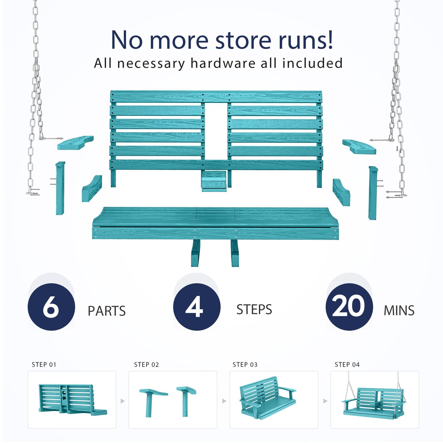 KINGYES Outdoor Hanging Porch Swing, 2 Seat Patio Swing Chair with Cup Holders, Waterproof Swing Chair Bench for Courtyard & Garden, 660LBS Weight Capacity, Aruba Blue