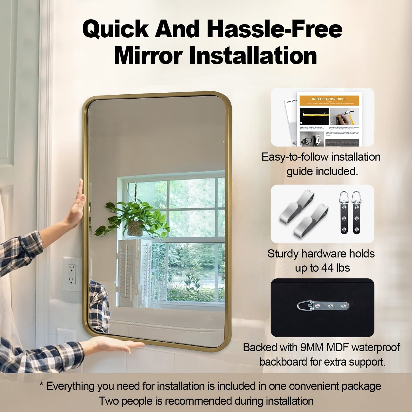 ANDY STAR Brass Mirror Bathroom, 22x30’’ Rounded Rectangle Mirror, Brushed Gold Bathroom Vanity Mirror Non-Rusting SUS304 Metal Tube Frame 1’’ Deep Wall-Mounted Mirrors Vertical/Horizontal