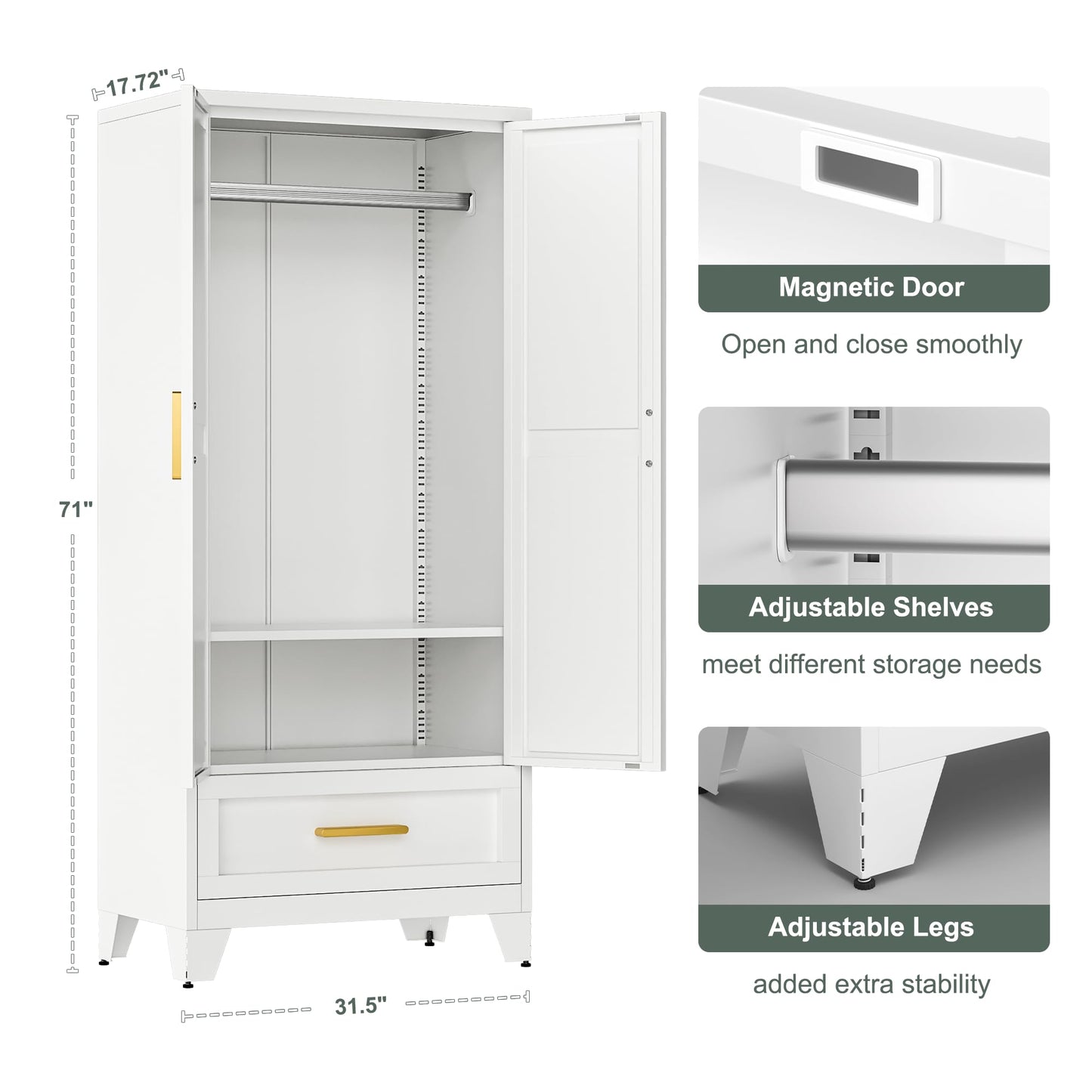 MLYCGKLA 71" Tall Armoire Wardrobe Closet, Metal Wardrobe Cabinet, Farmhouse Storage Cabinet with Drawer and Hanging Rod for Bedroom, Laundry, Home Office (White, 71" H-1 Drawer)