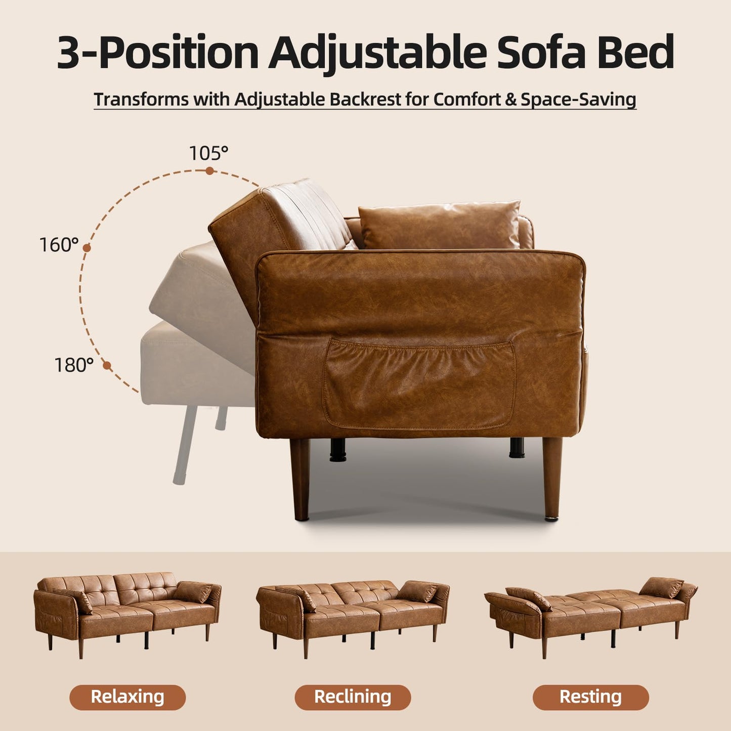 HALLYBEE 85” Futon Sofa Bed, Sleeper Sofa, Small Couch with Storage Adjustable Armrests Pillows, Faux Leather Loveseat, Mid Century Modern Couches for Living Room, Bedroom, Apartment, Brown