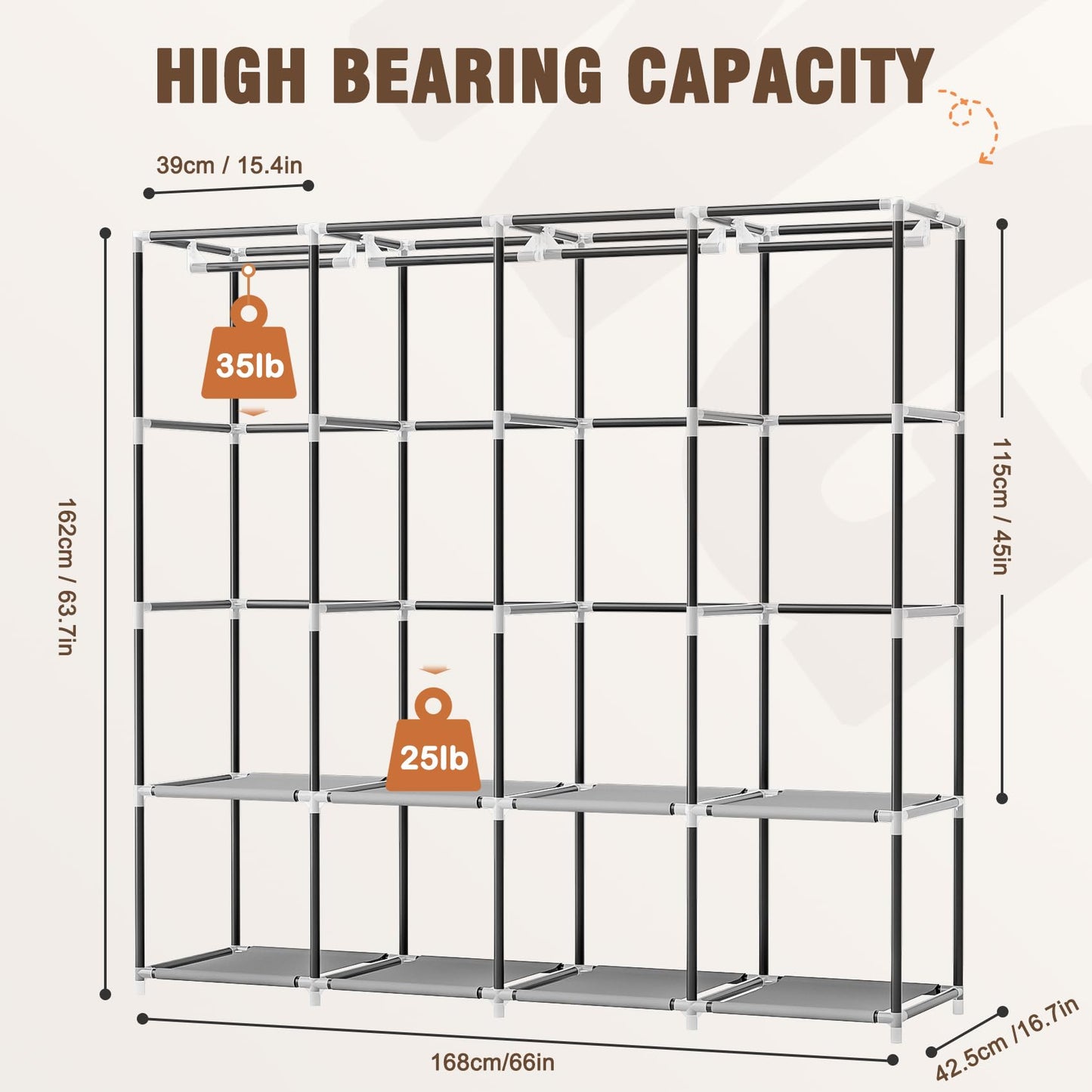 Neatrays Portable Closet, 66 Inch Large Capacity Wardrobe for Closet Organizers and Storage with Non-Woven Fabric Cover, 4 Hanging Rods, 8 Shelves (Gray)