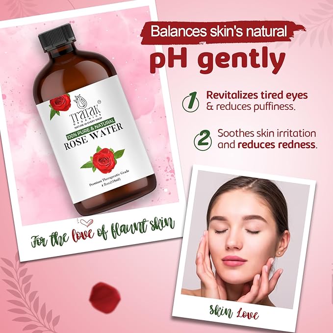 Rose Water 4 fl oz (118 ml) Organic Refreshing Rose Water Spray for Face & Skin Hydration, Pure Rosewater for Hair & Makeup Setting Spray, Reduce Eye Puffiness, Dark Circles & Redness, Huge 4 oz