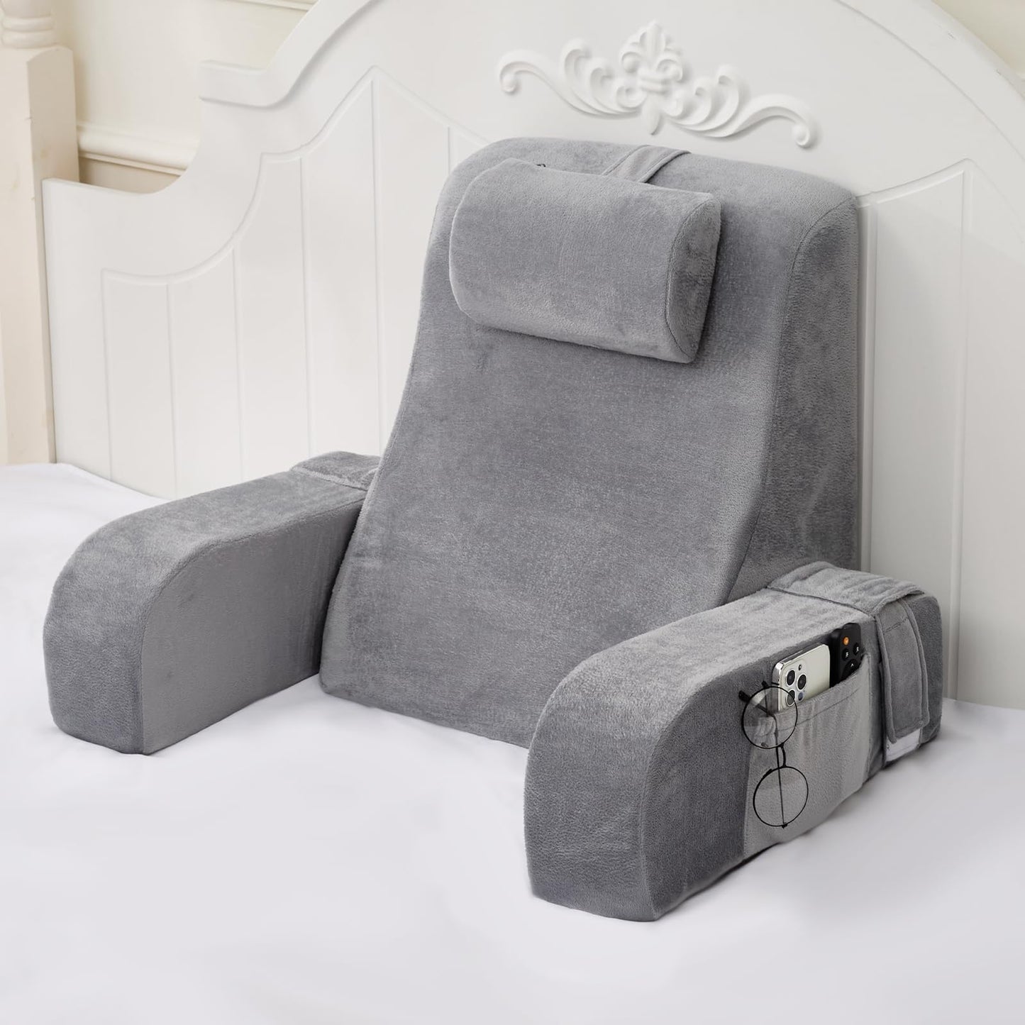 NIAOMAOGOU Reading Pillow for Sitting in Bed Adult, Back Pillow for Sitting Up in Bed with Arm Rest, Suitable for Gaming,Watching TV on Floor, 19in 4Pcs, Grey
