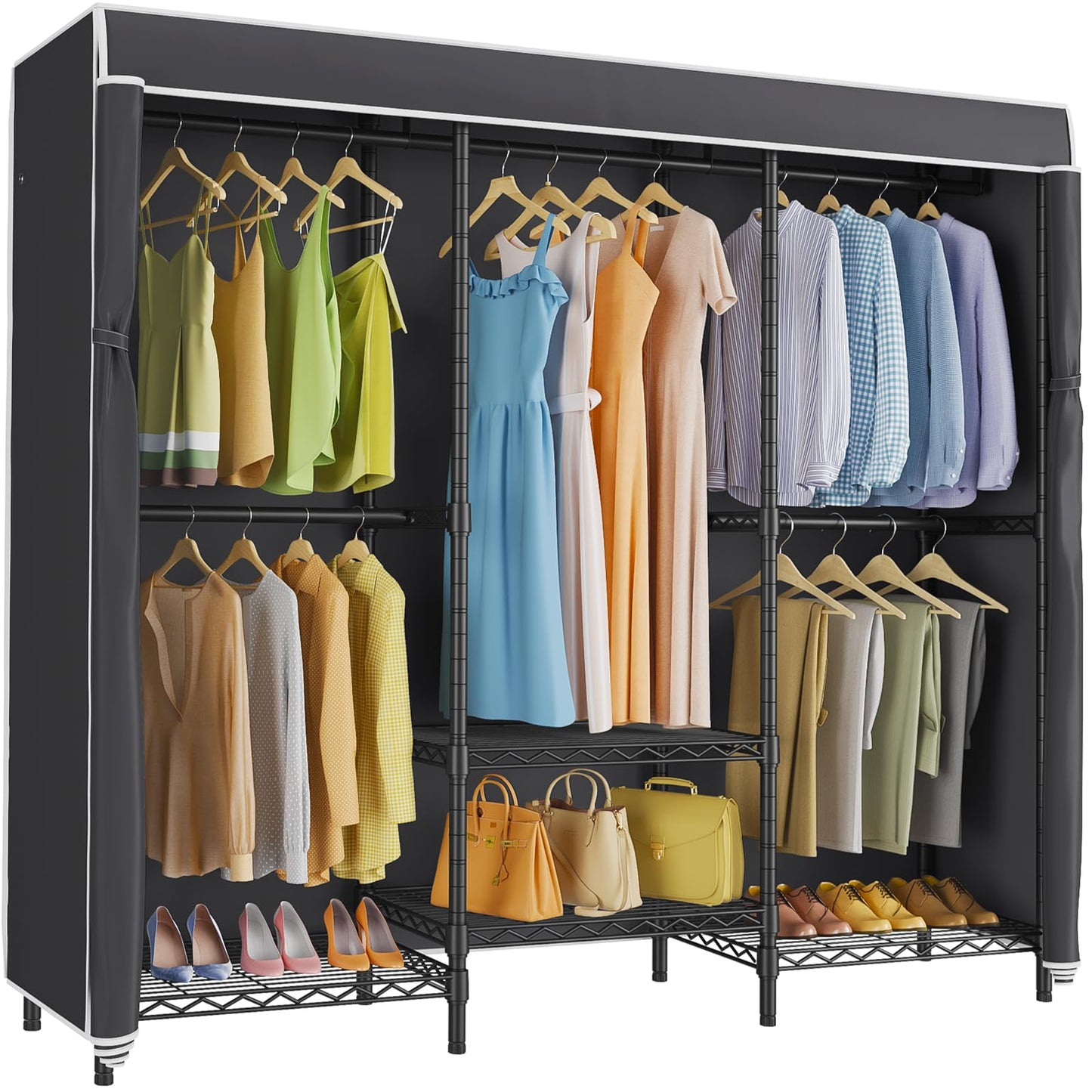 VIPEK V5C SE Garment Rack Wardrobe Closet, Heavy Duty Clothes Rack with Adjustable Shelves and Black Cover, Black Metal Closet Racks Clothing Storage Organizer for Bedroom, 70.1" Lx17.3 Wx76.4 H