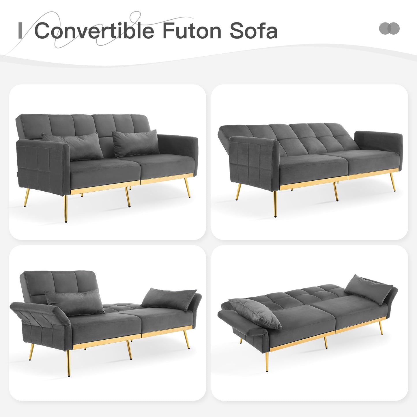 DIFY 70'' Velvet Futon Sofa Bed, Convertible Sleeper Sofa Tufted Couch with Adjustable Armrests and Backrest, Modern Loveseat Sleeper Bed with 2 Bolster Pillows for Living Room, Grey