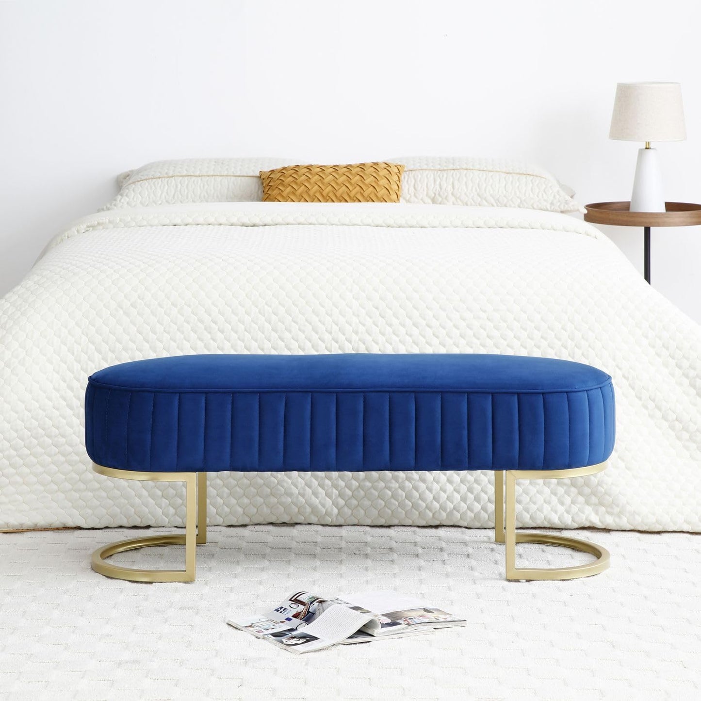 UOCFYK Bedroom Bench, Velvet Upholstered End of Bed Bench with Curved Gold Metal, 48" Ottoman Bench for Living Room, Entryway, Window, Blue
