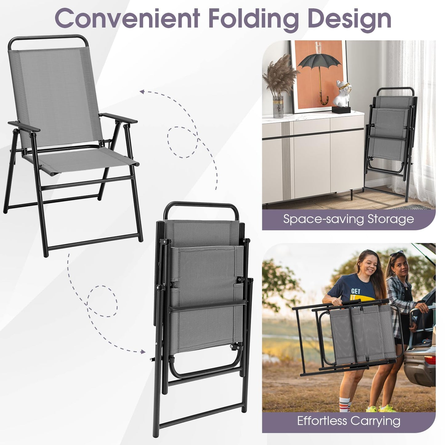 Giantex Patio Chairs Set of 4, Outdoor Folding Chairs with Armrests, Metal Frame, Outside Foldable Dining Chairs for Lawn Deck Porch Beach Yard (Gray & Black)