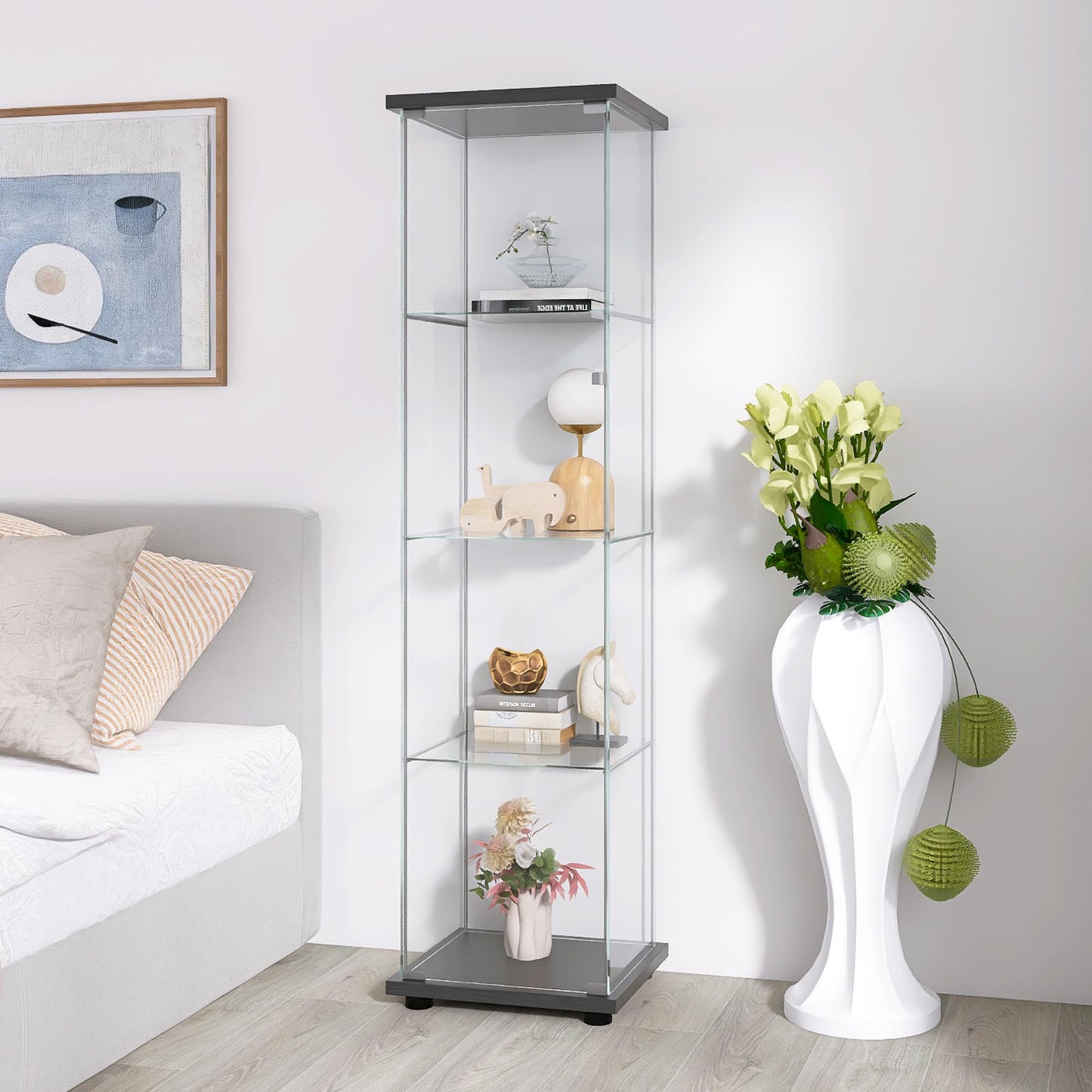 Zacis 4-Tier Tempered Glass Display Cabinet with Glass Door, Floor Standing Curio Cabinet Collection Showcase, 17" W x 14.5" D x 64" H (Black)