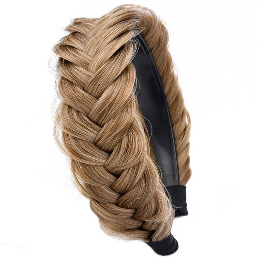 DIGUAN Wide Messy Braided Headband With Teeth Synthetic Hair Plaited Headband High Elasticity Braids Chunky Fishtail Braided Hair Band Hairpiece for Girls Women Beauty Accessory (Dirty Blonde)