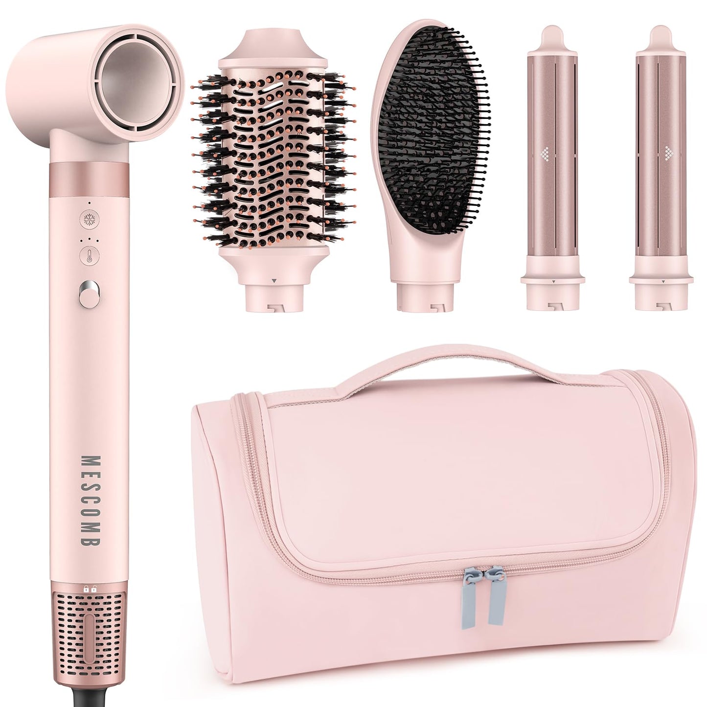 MESCOMB 5 in 1 High-Speed Hot Air Styler - Professional Frizz-Free Hair Dryer Brush, Fast Drying Hair Dryer, No Heat Damage Air Styler Wrap - Curl, Volumize, Straighten with Travel Bag