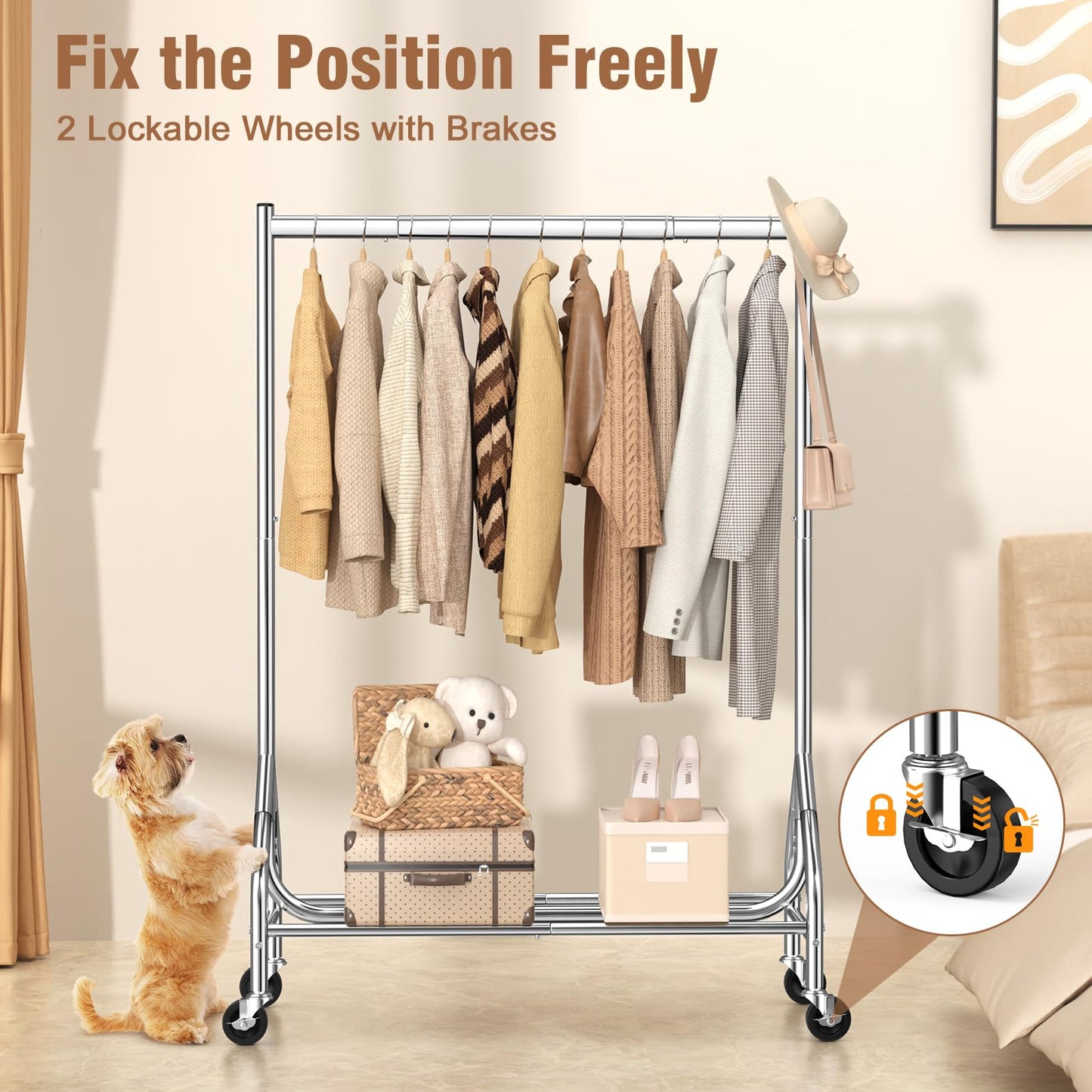 EAGMAK Heavy Duty Clothes Rack Load 420 LBS, Rolling Garment Rack with Lockable Wheels, Standing Metal Clothing Rack with Shelves, Portable Wardrobe Sturdy Coat Rack for Hanging Clothes (Silver)