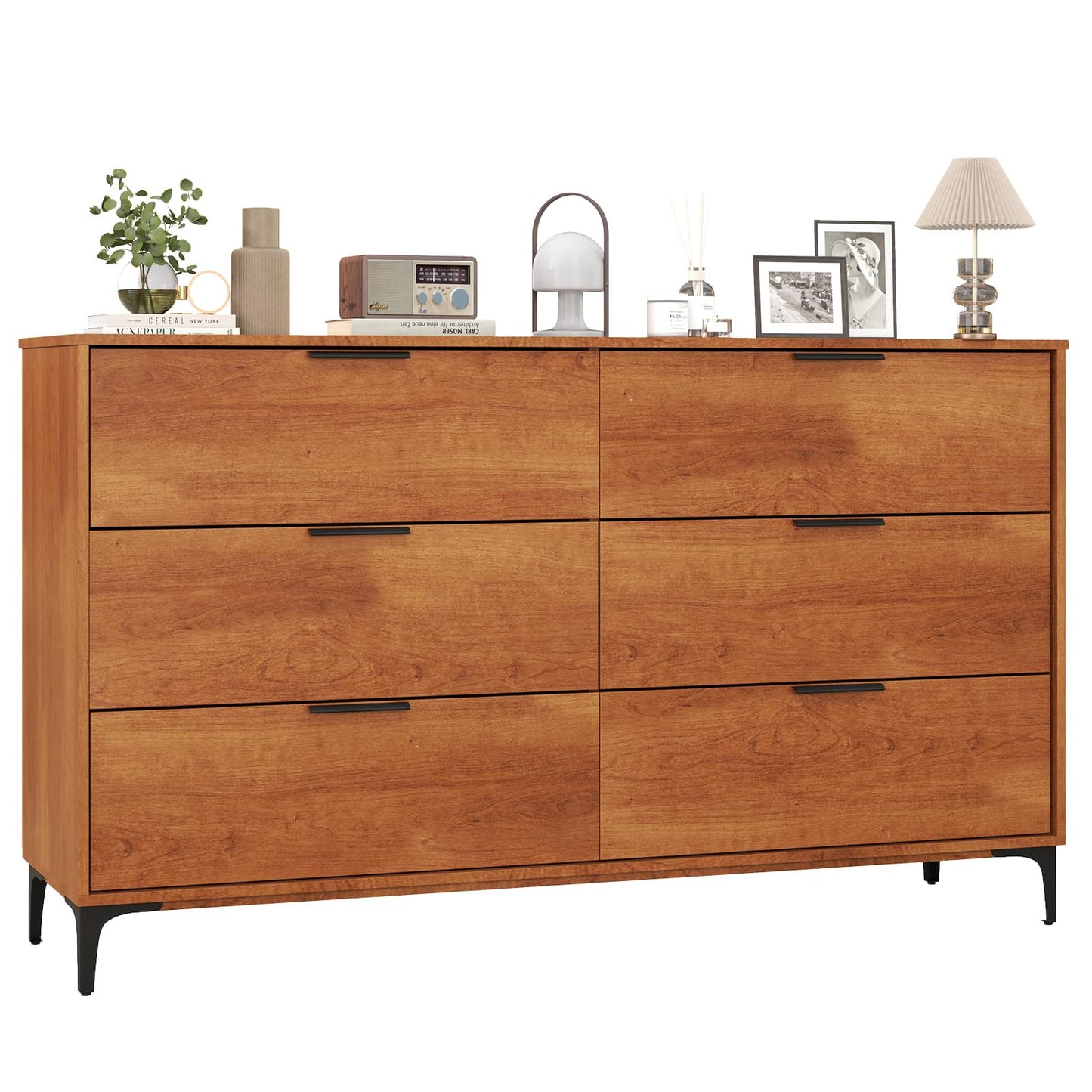 LOKO Mid Century Modern 6-Drawer Dresser, Wooden Chest of Drawers with Interlock System, Tall Storage Dresser for Bedroom, Living Room, Hallway, Cherry