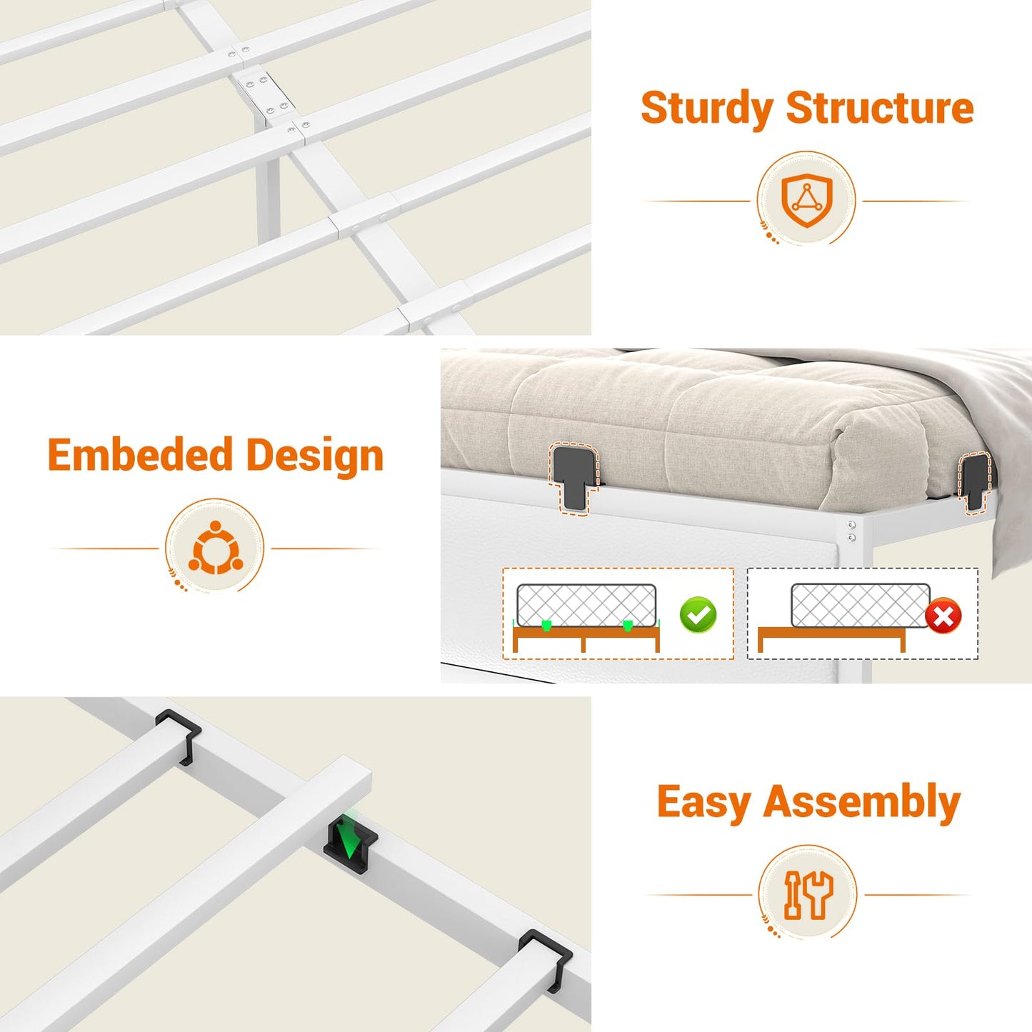 Cyclysio King Metal Bed Frame with Headboard, King Size Bed Frame with Charging Station and LED Lights, Height Adjustable PU Leather Headboard, Strong Metal Slats Support, No Box Spring Needed, White
