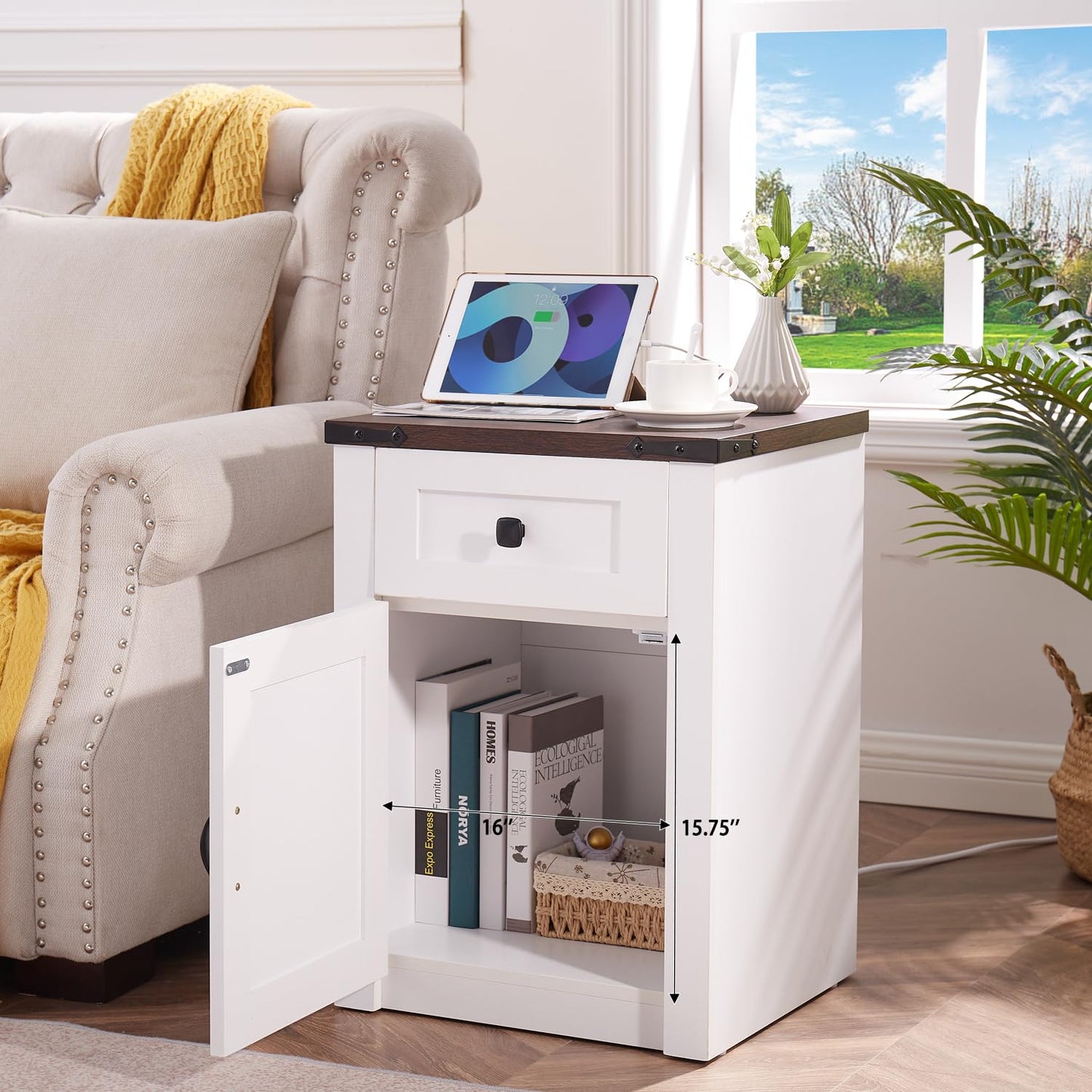 SOOWERY Nightstands Set of 2, Nightstand with Charging Station, Farmhouse End Table with Barn Door and Drawer, Rustic Wood Sofa Side Table for Bedroom, Living Room, White