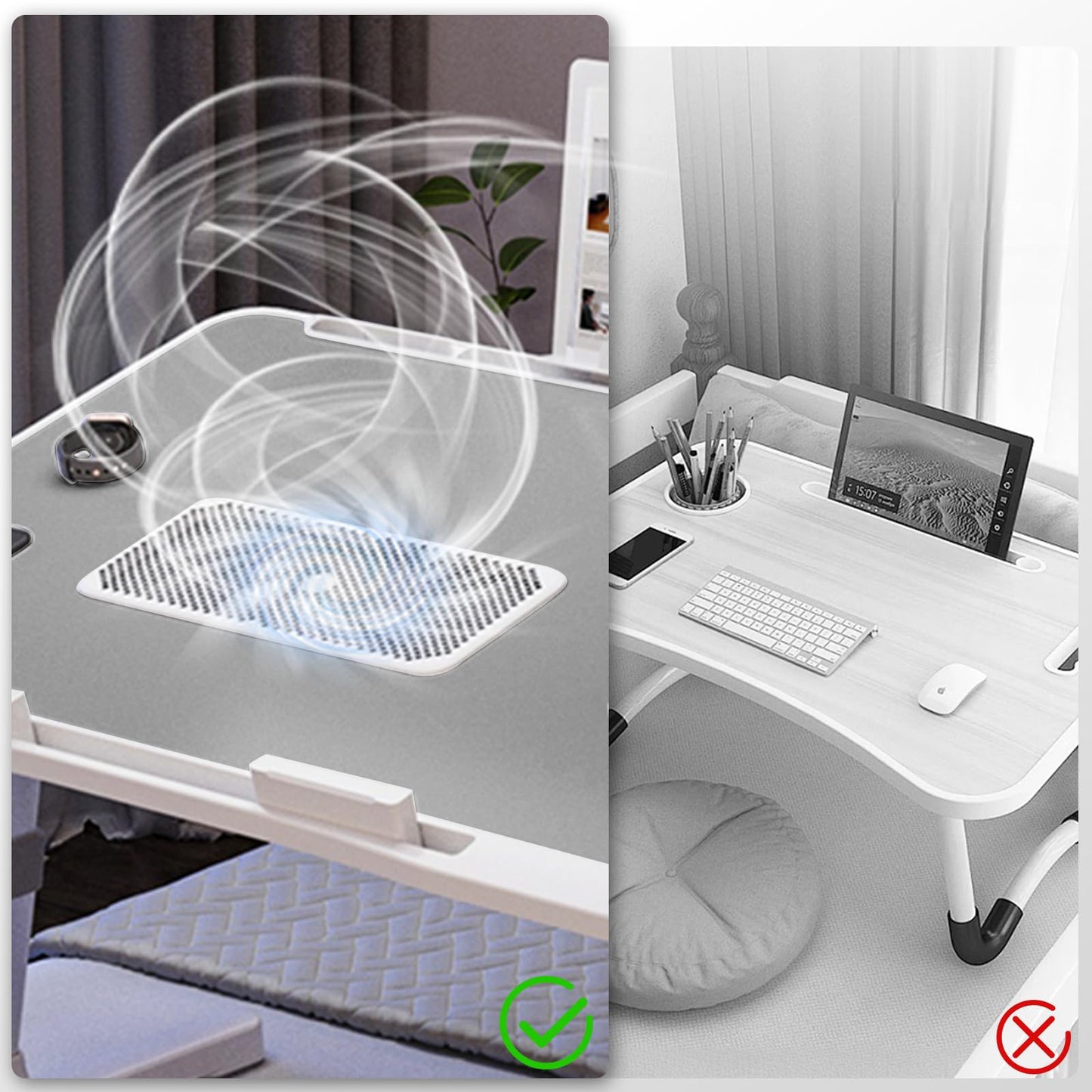 iXTRA Laptop Lap Desk with Cooling Fan - Adjustable with Light, USB, Storage Drawer - Folding Bed Desk,23.62"*15.74",Grey