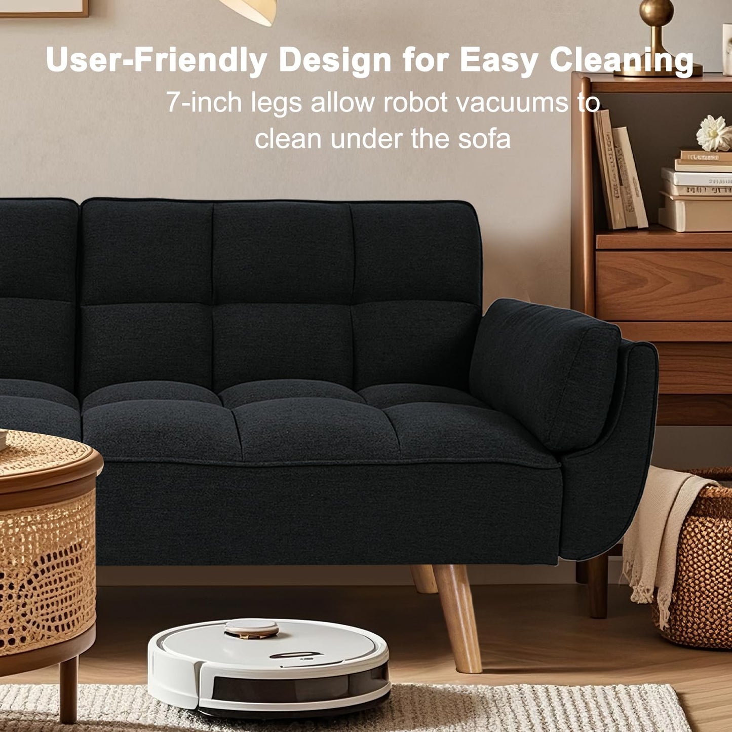 Modauiysa 73.9" Linen Futon Sofa Bed, Convertible Futon Couch Bed, Comfy Love Seat Sleeper with Adjustable Backrest, Small Couches for Small Spaces, Living Room,Bedroom and Office (Black)