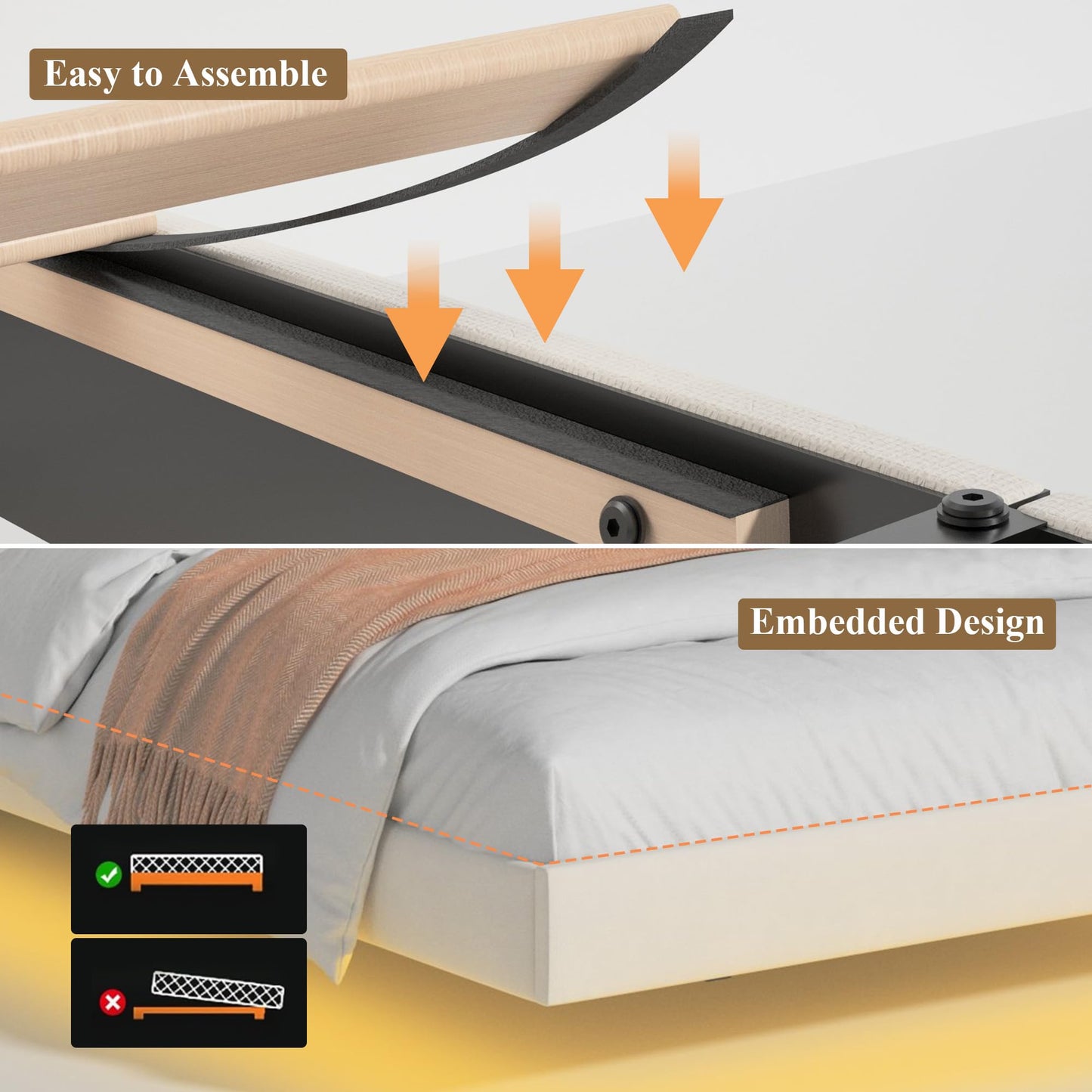 FSTAR King Size Floating Bed Frame with Storage Headboard & LED Lights, Velvet Upholstered Platform Bedframe with Charging Station, Wooden Slats Supports, No Box Springs Needed, Beige