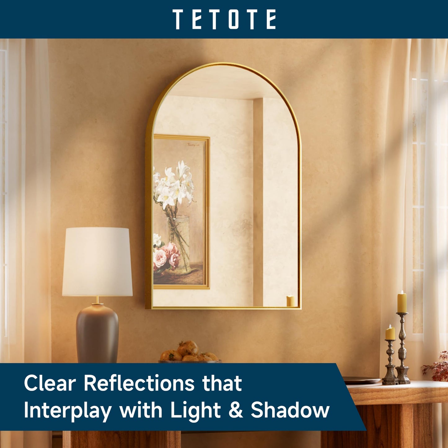 TETOTE Gold Arched Mirror for Bathroom, 24 x 36 Brushed Gold Metal Framed Arch Bathroom Mirror, Tempered Glass Decorative Rustic Wall Mirror for Fireplace, Entryway, Living Room