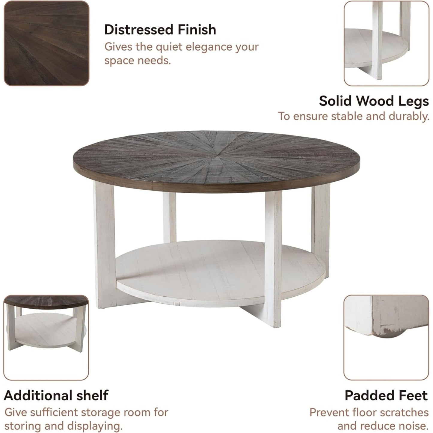 COZAYH Round Wood Coffee Tables with Storage, Rustic Farmhouse Coffee Table with Distressed Wood Top, Large Circle Table for Living Room, Brown, 32Dx32Wx19.5H in