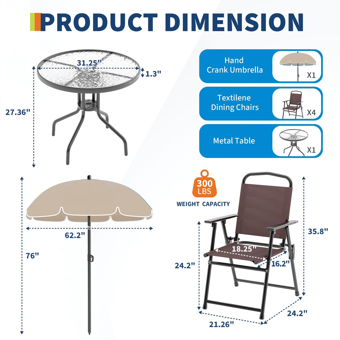Patio Dining Set for 4 With Umbrella, Outdoor Furniture Set With 4 Folding Dining Chairs, Outdoor Table Umbrella Set With Tempered Glass Top Dinings Table