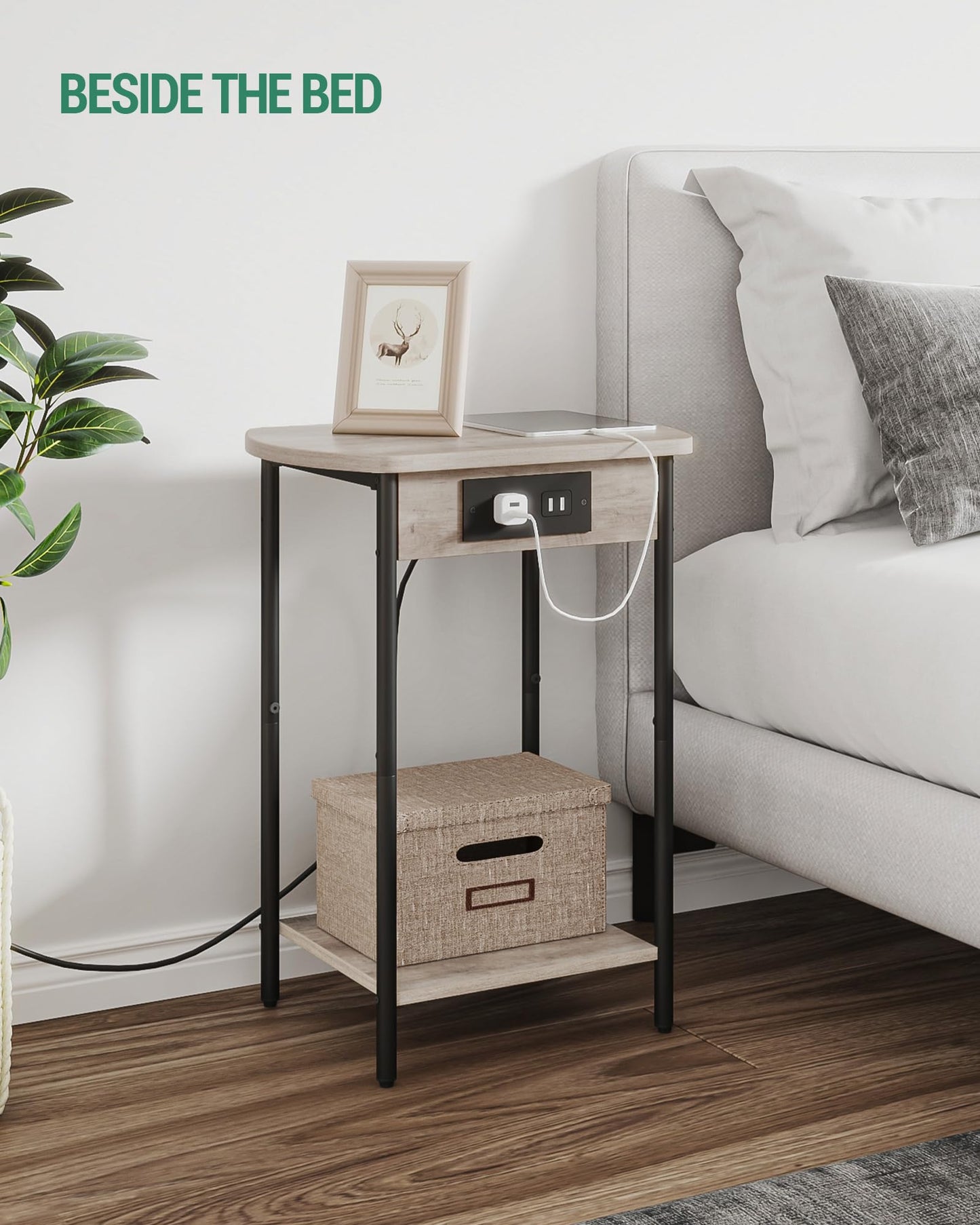 Hzuaneri End Tables with Charging Station, Narrow Side Tables Living Room, Nightstands Set of 2, Storage Bed Side Tables with USB Port & Outlet, Greige and Black ET14205B
