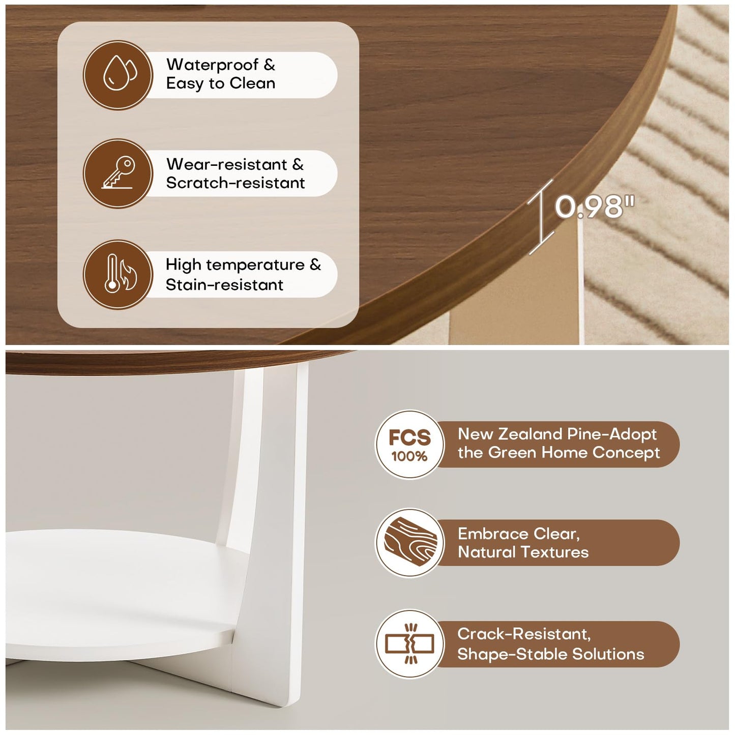 BECHAEO 31.5'' Round Coffee Table with Solid Wood Pine Legs, 2-Tier Rustic Round Coffee Table with Storage Shelf, Modern Wood Circle Coffee Table Farmhouse Center Table for Living Room, Walnut White