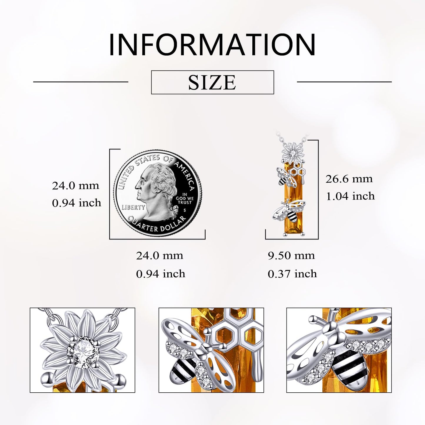 Grmdit Bee Necklace S925 Sterling Silver Honeybee Pendant Necklace with Yellow Crystal Jewelry Gift for Women Bee Lover
