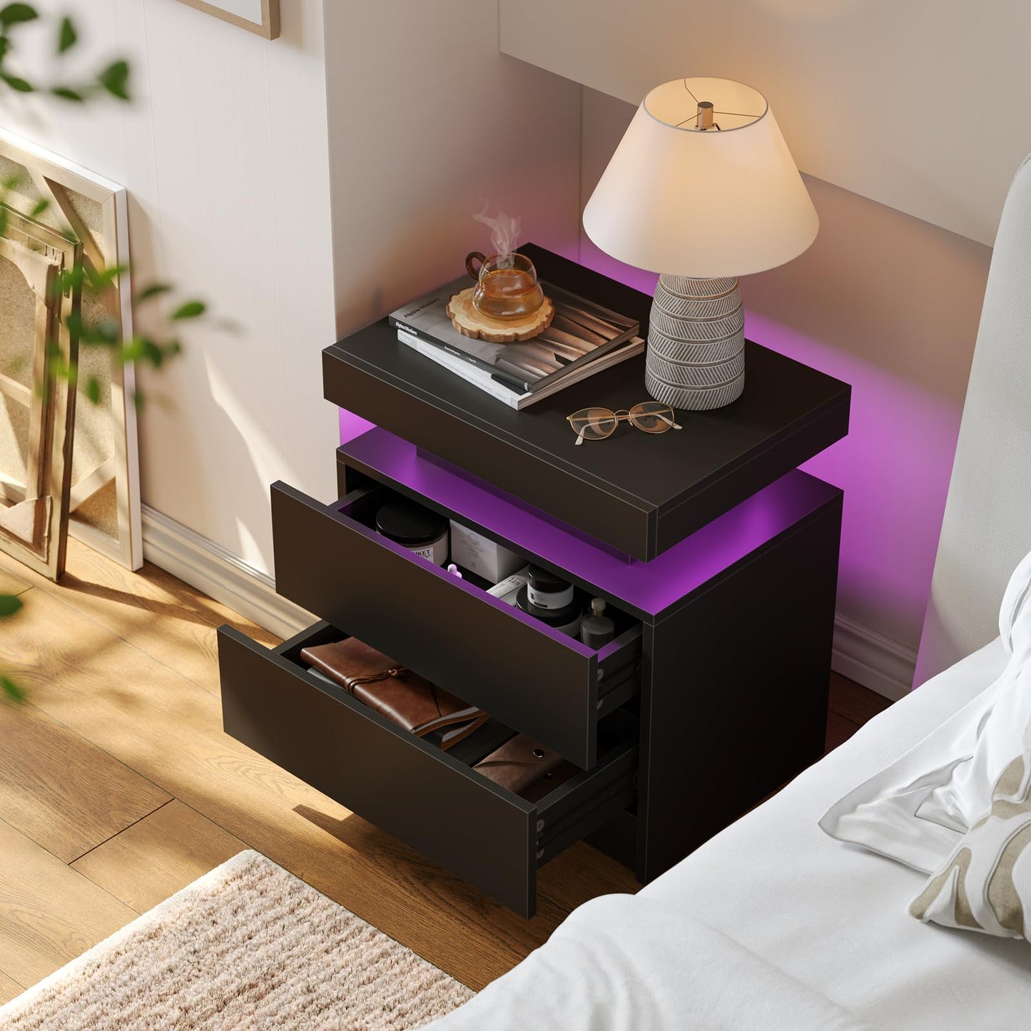 Cubehom LED Black Nightstands Set of 2 Bedroom Night Stands LED Bedside Table with 2 Drawer Modern Nightstands for Bedroom